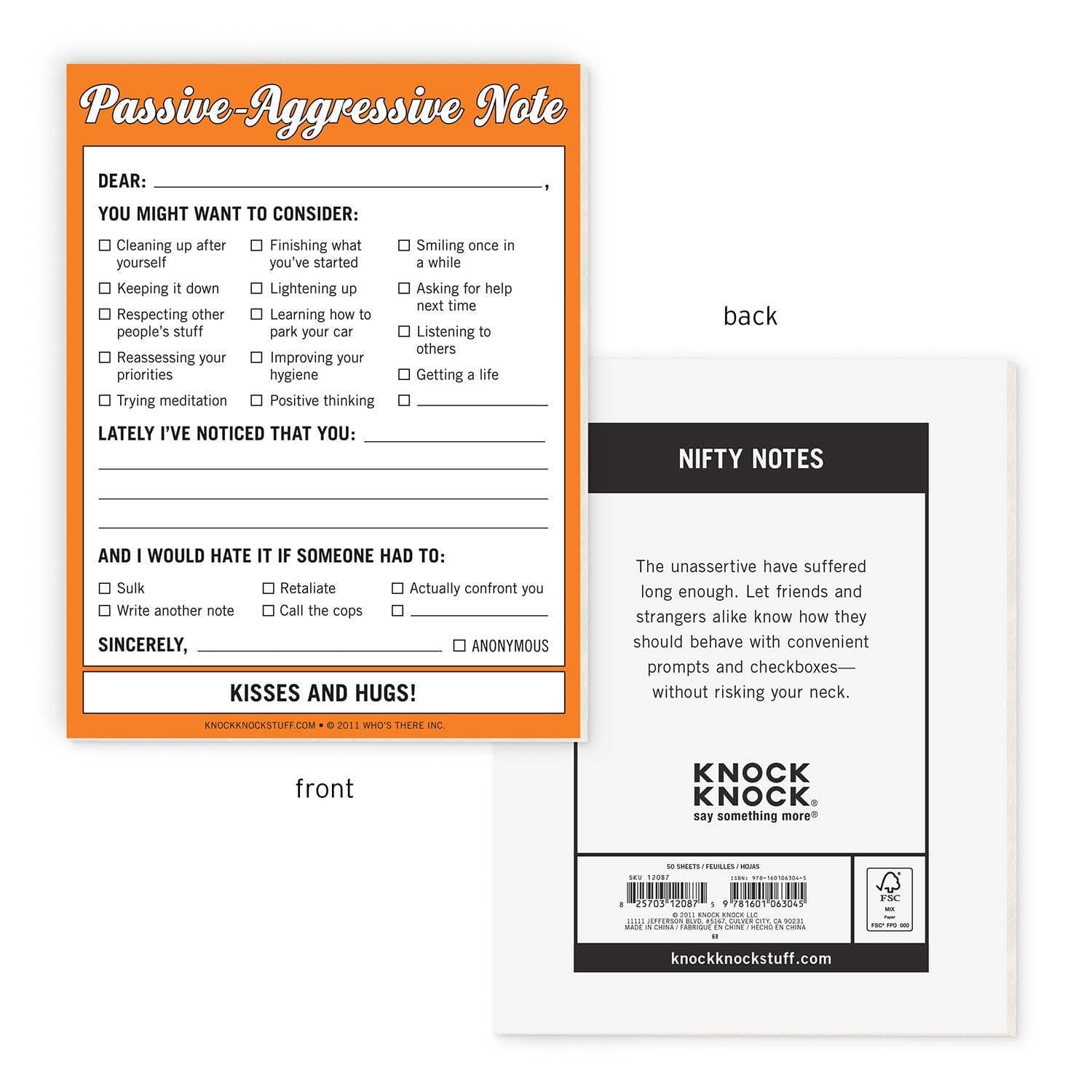 Orange and white "Passive-Aggressive Note" pad featuring checkboxes for indirect feedback, humorously addressing behaviors like cleaning or listening.