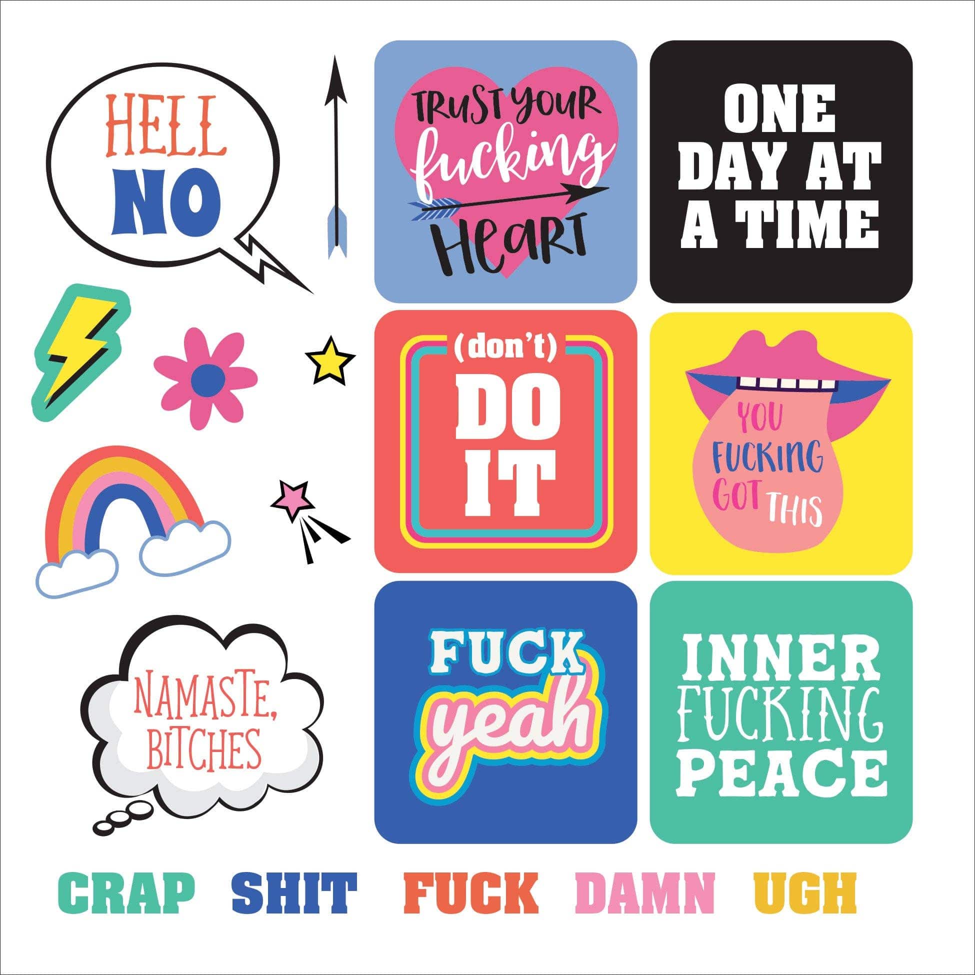 Colorful grid of motivational phrases with bold language, featuring a heart, rainbow, and speech bubbles. Energetic and empowering tone.