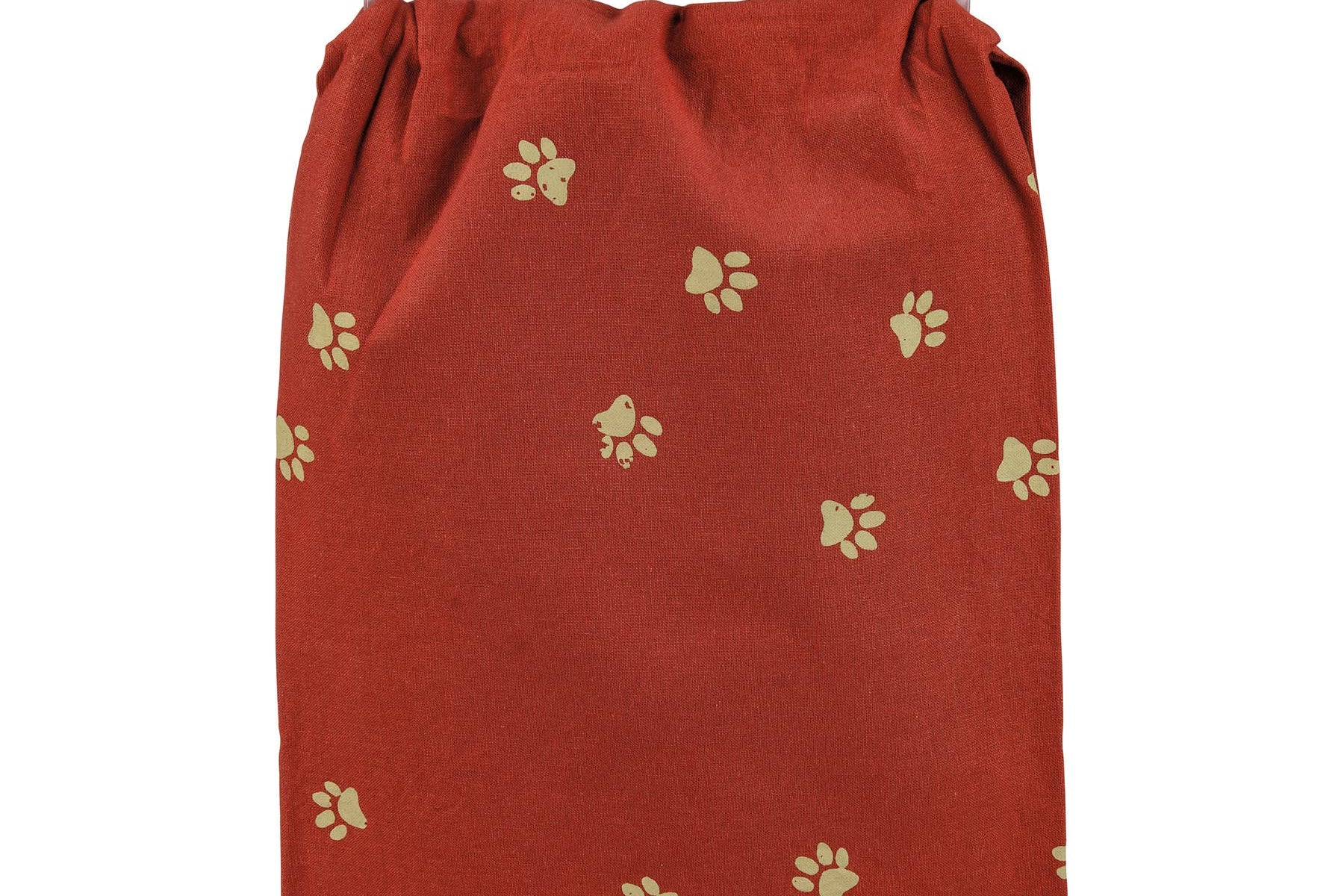 Red towel with light yellow paw prints scattered across. It hangs on a white hanger. The design conveys a playful and pet-friendly vibe.