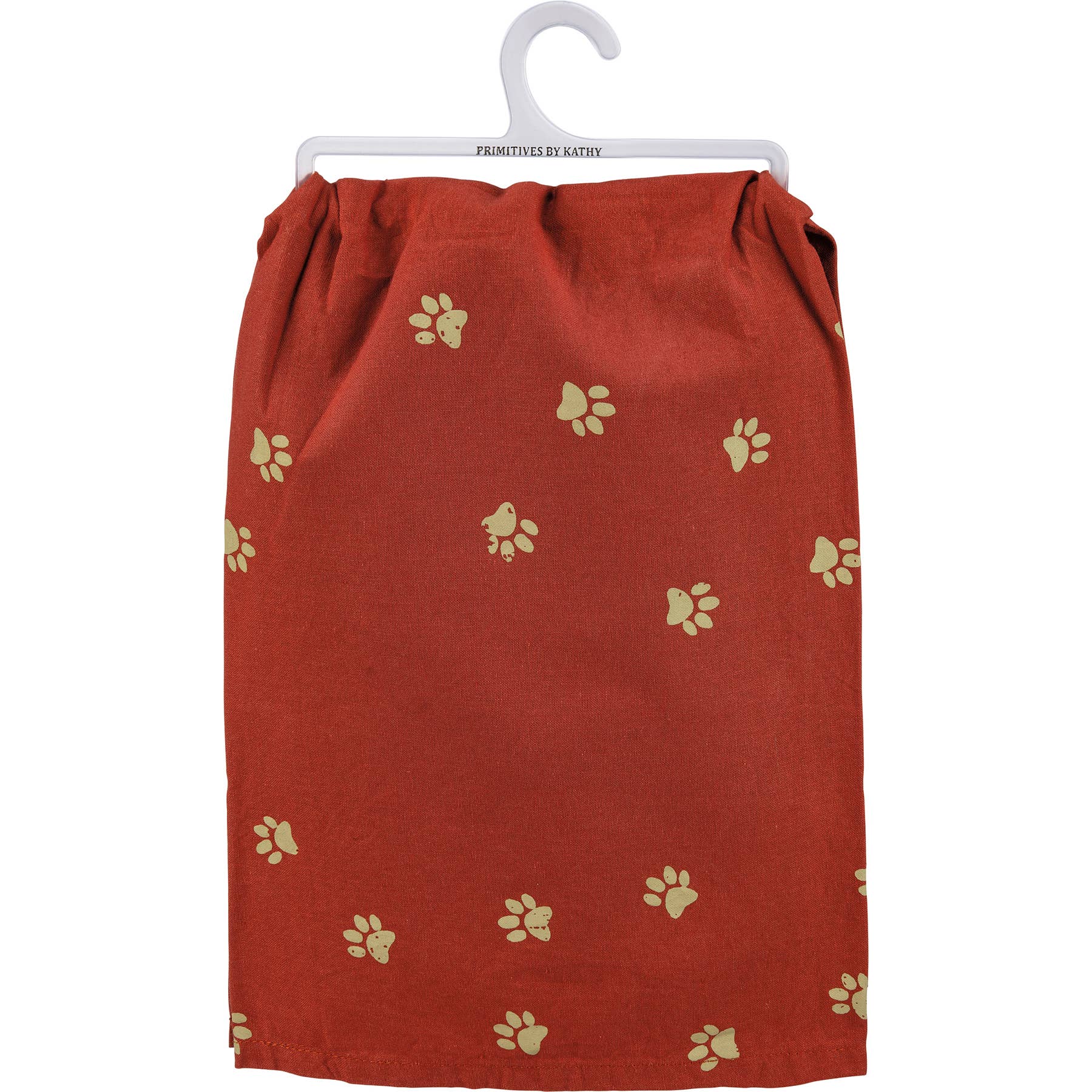 Red towel with light yellow paw prints scattered across. It hangs on a white hanger. The design conveys a playful and pet-friendly vibe.