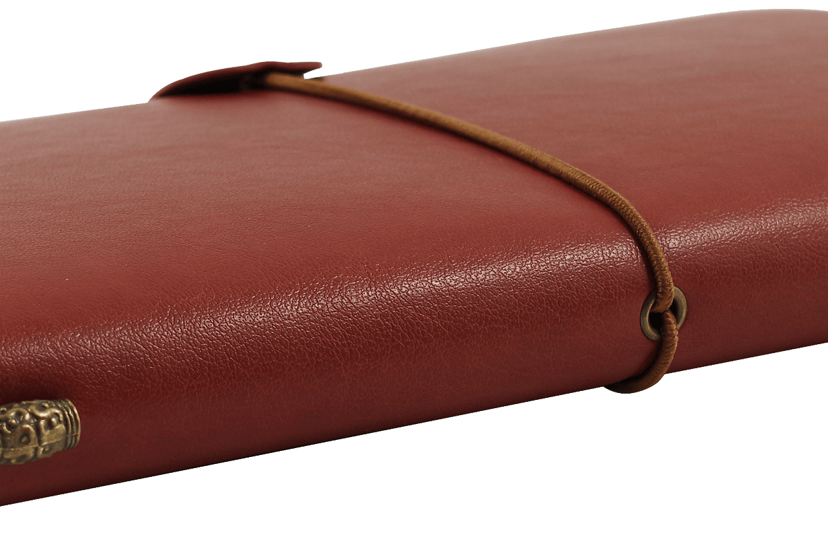 A closed brown leather journal with a wrap-around cord, laying on a transparent background; evokes a sense of adventure and nostalgia.