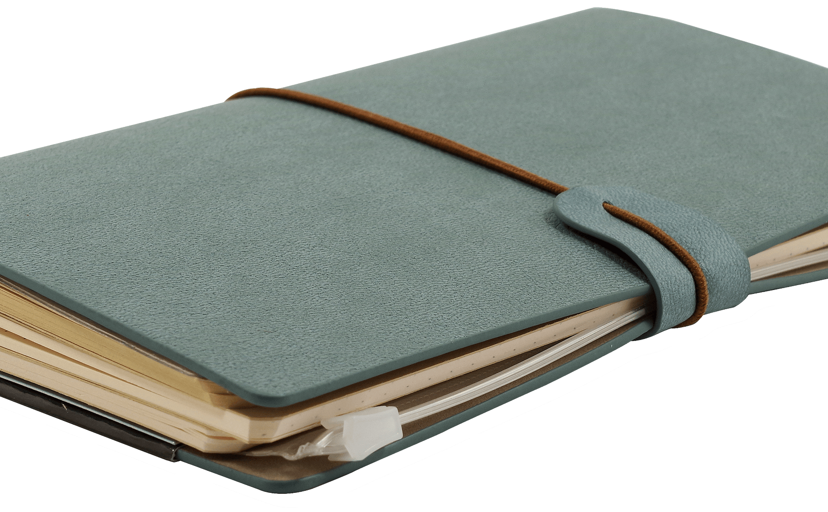 A closed gray-blue leather journal with a brown elastic strap, filled with slightly worn pages, rests on a transparent background. It conveys a vintage, well-used feel.