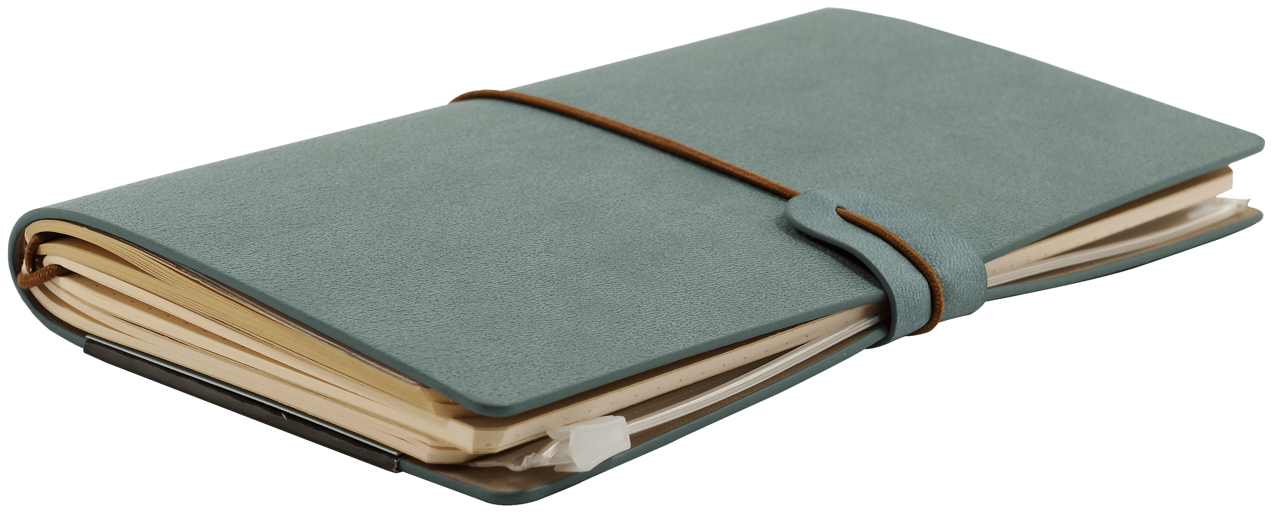 A closed gray-blue leather journal with a brown elastic strap, filled with slightly worn pages, rests on a transparent background. It conveys a vintage, well-used feel.