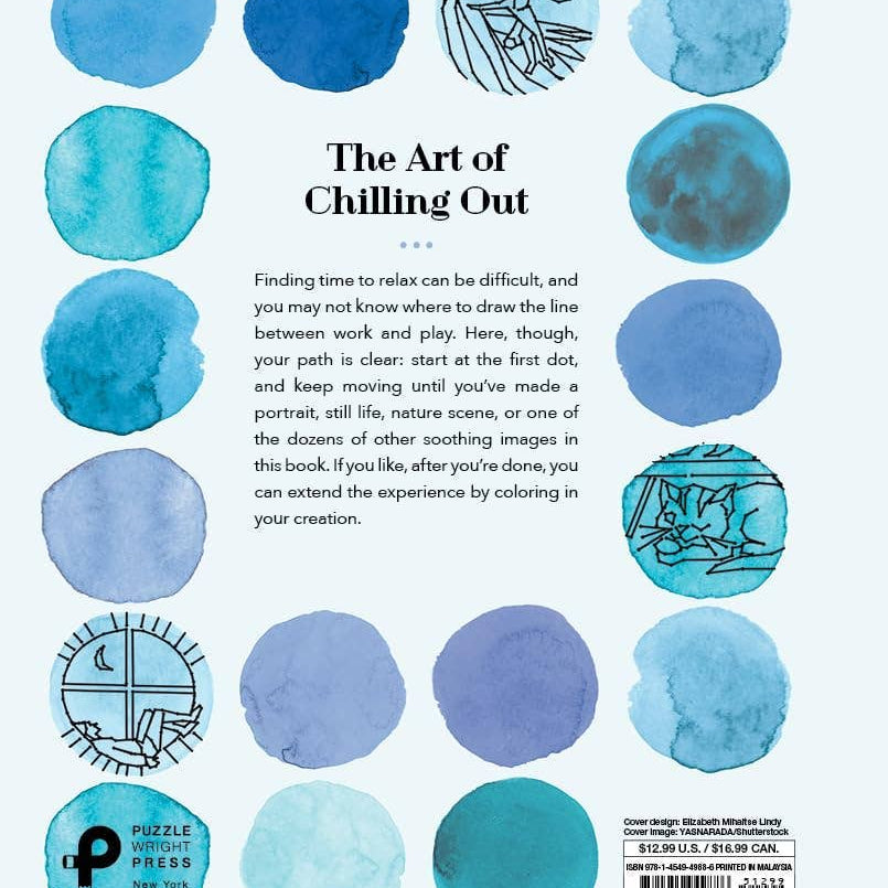 Back cover of a book titled "The Art of Chilling Out" features watercolor circles in blue tones. Text encourages relaxation through coloring and creativity.