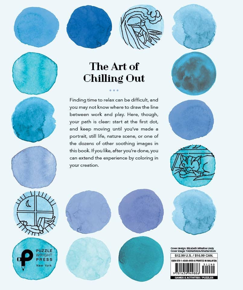 Back cover of a book titled "The Art of Chilling Out" features watercolor circles in blue tones. Text encourages relaxation through coloring and creativity.
