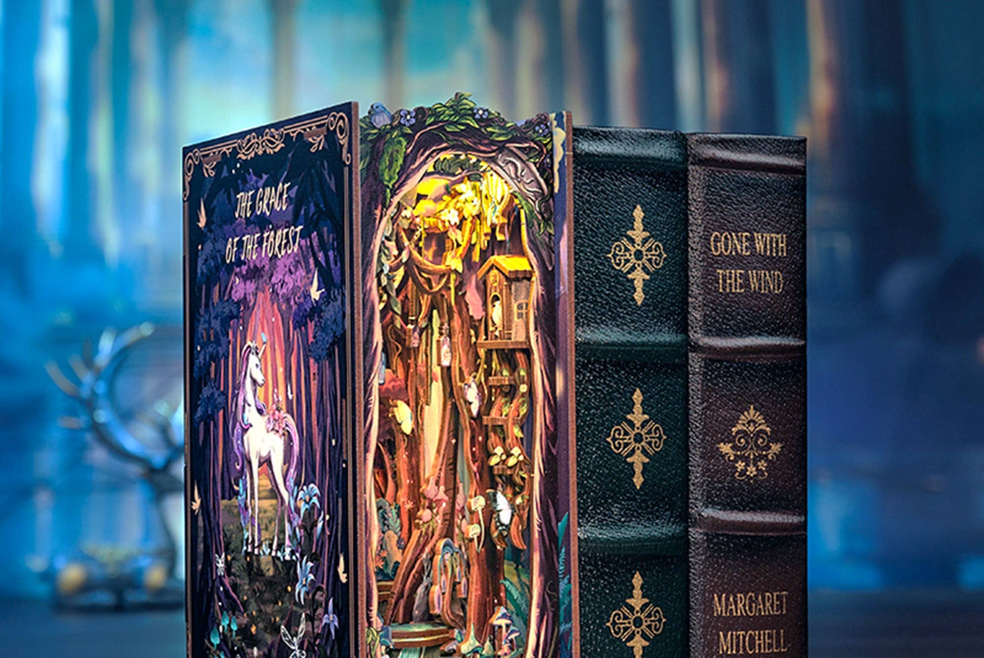 Decorative book with illuminated interior, resembling a fairy tale scene, against a mystical background. Perfect edition in between your favorite books on your book shelf.