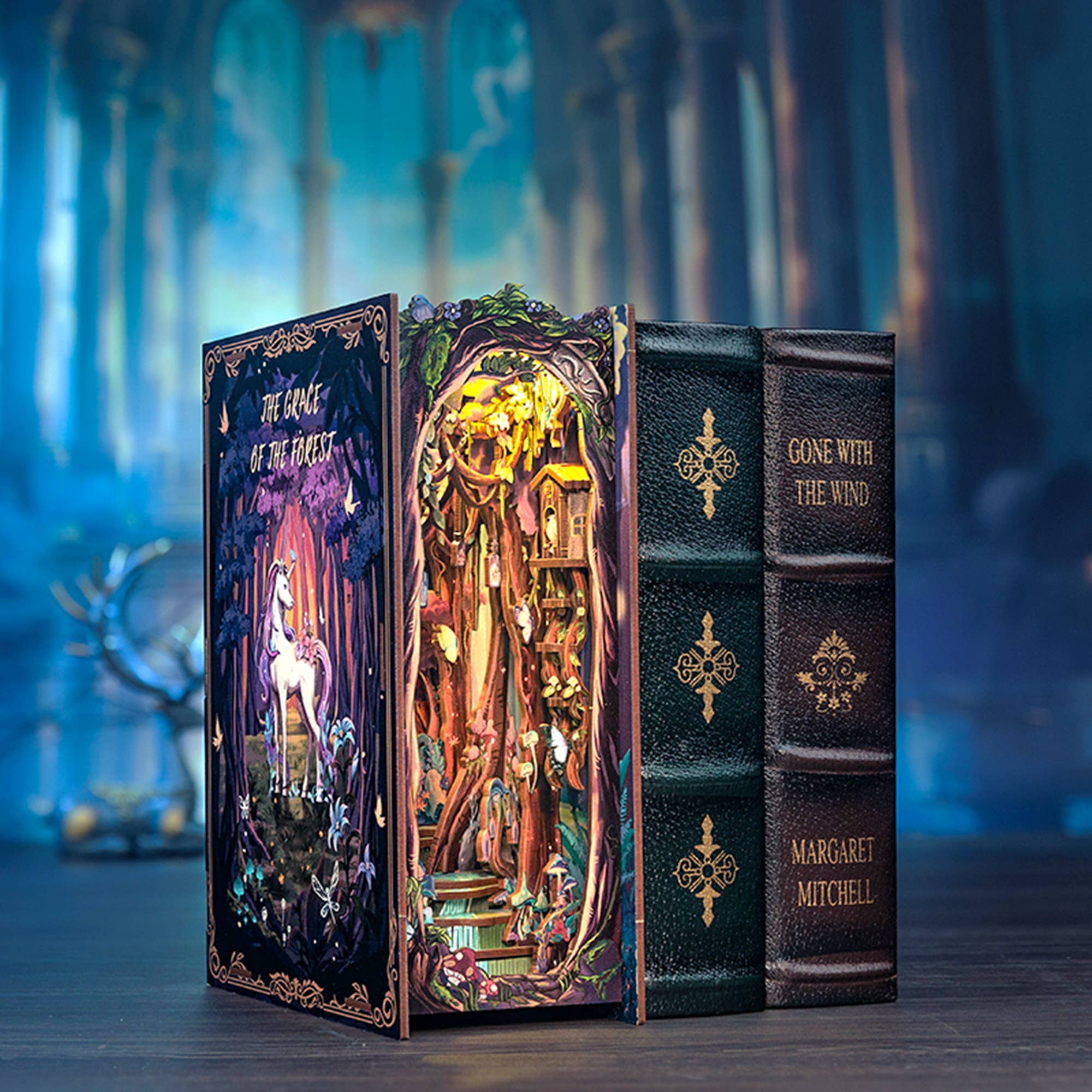 Decorative book with illuminated interior, resembling a fairy tale scene, against a mystical background. Perfect edition in between your favorite books on your book shelf.