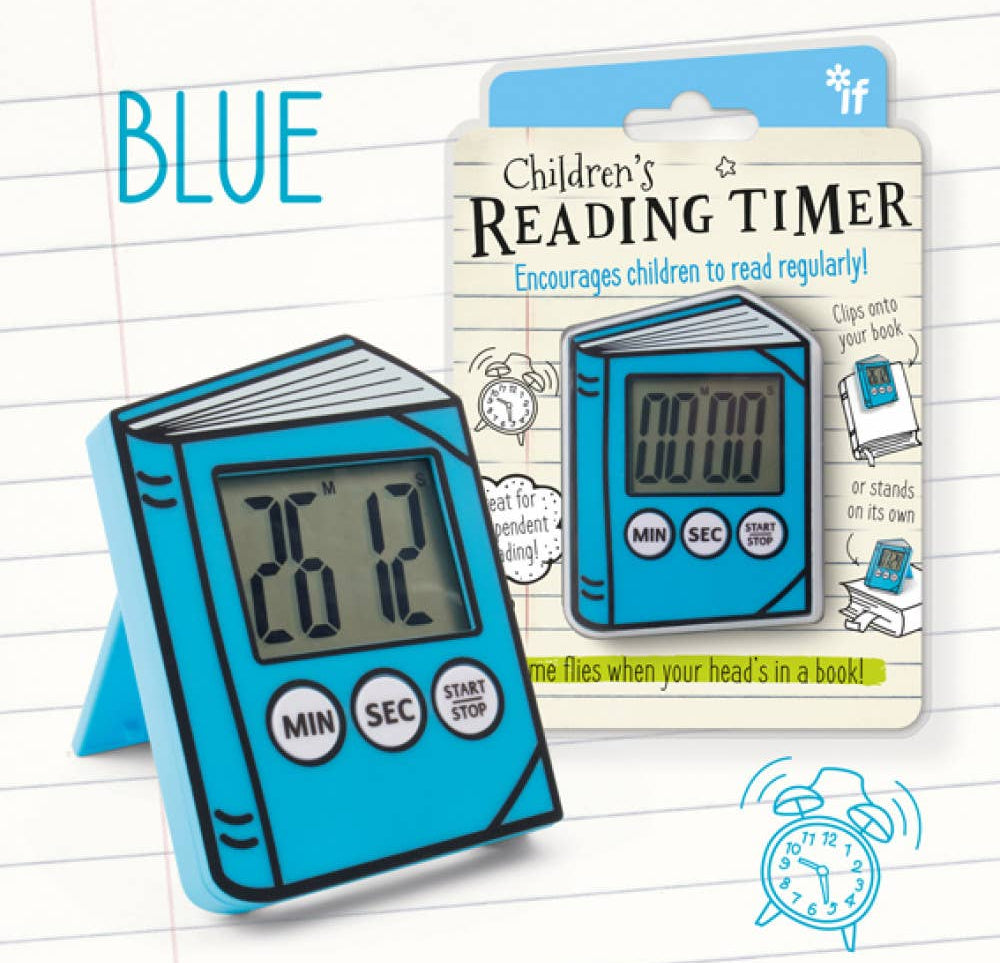 Blue children's reading timer shaped like a book, displaying 20:12. Packaging highlights its features, encouraging regular reading. Playful tone.