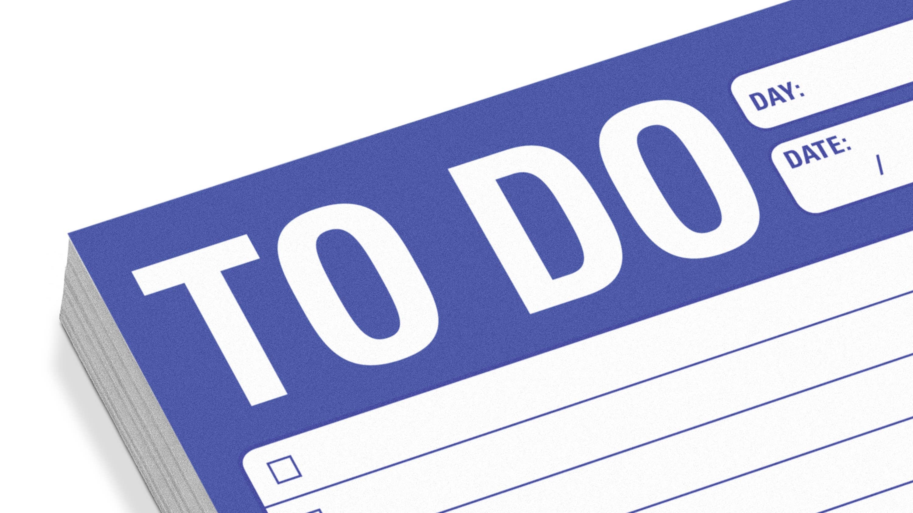 Stacked to-do list sheets with a blue border and bold "TO DO" title at the top. Lines and checkboxes are below, with spaces for day and date, conveying organization.