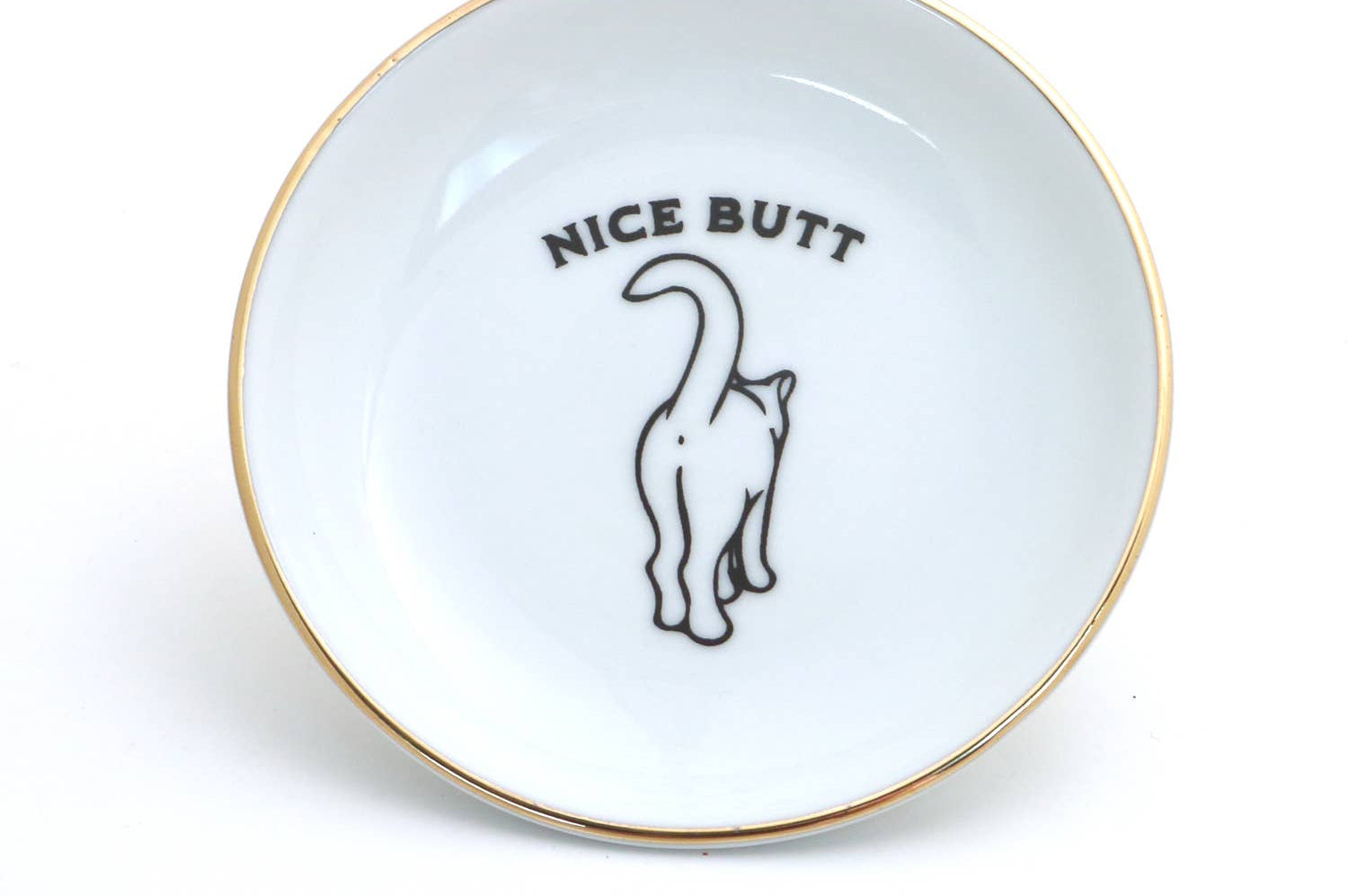 White dish with gold rim featuring a black cat illustration and 'Nice Butt' text on a white background