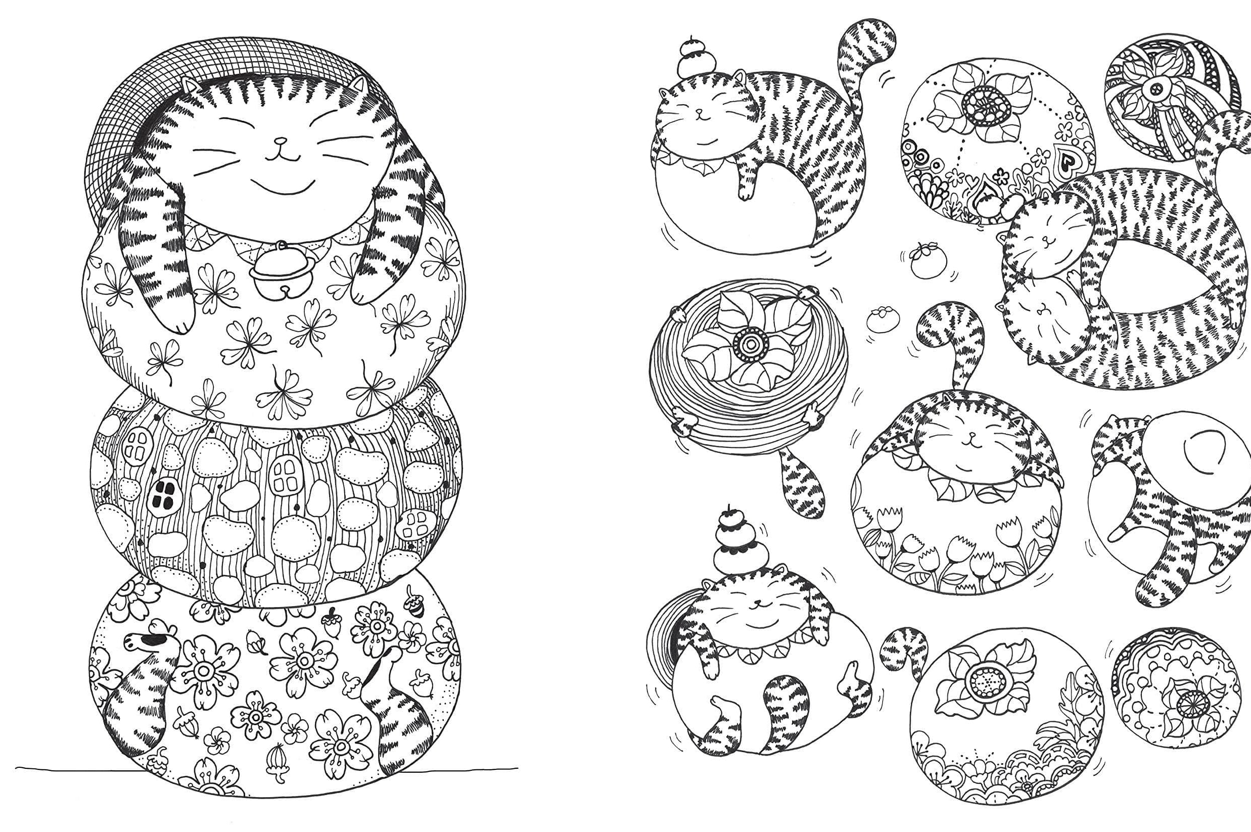 A cute, smiling cat is stacked in three patterned layers on the left. On the right, whimsical round cats in various poses offer playful, cozy vibes.