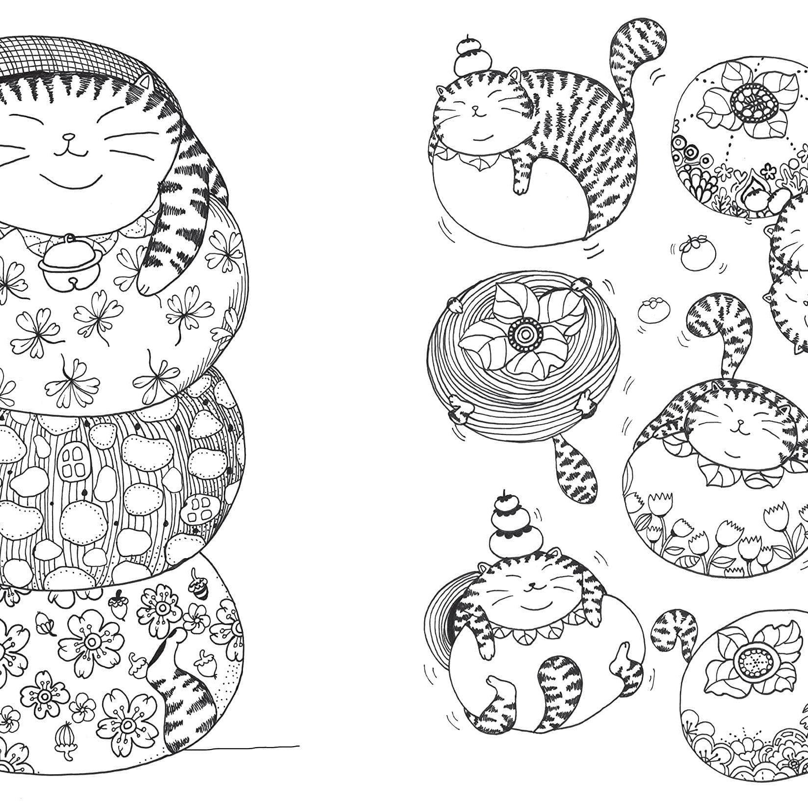 A cute, smiling cat is stacked in three patterned layers on the left. On the right, whimsical round cats in various poses offer playful, cozy vibes.