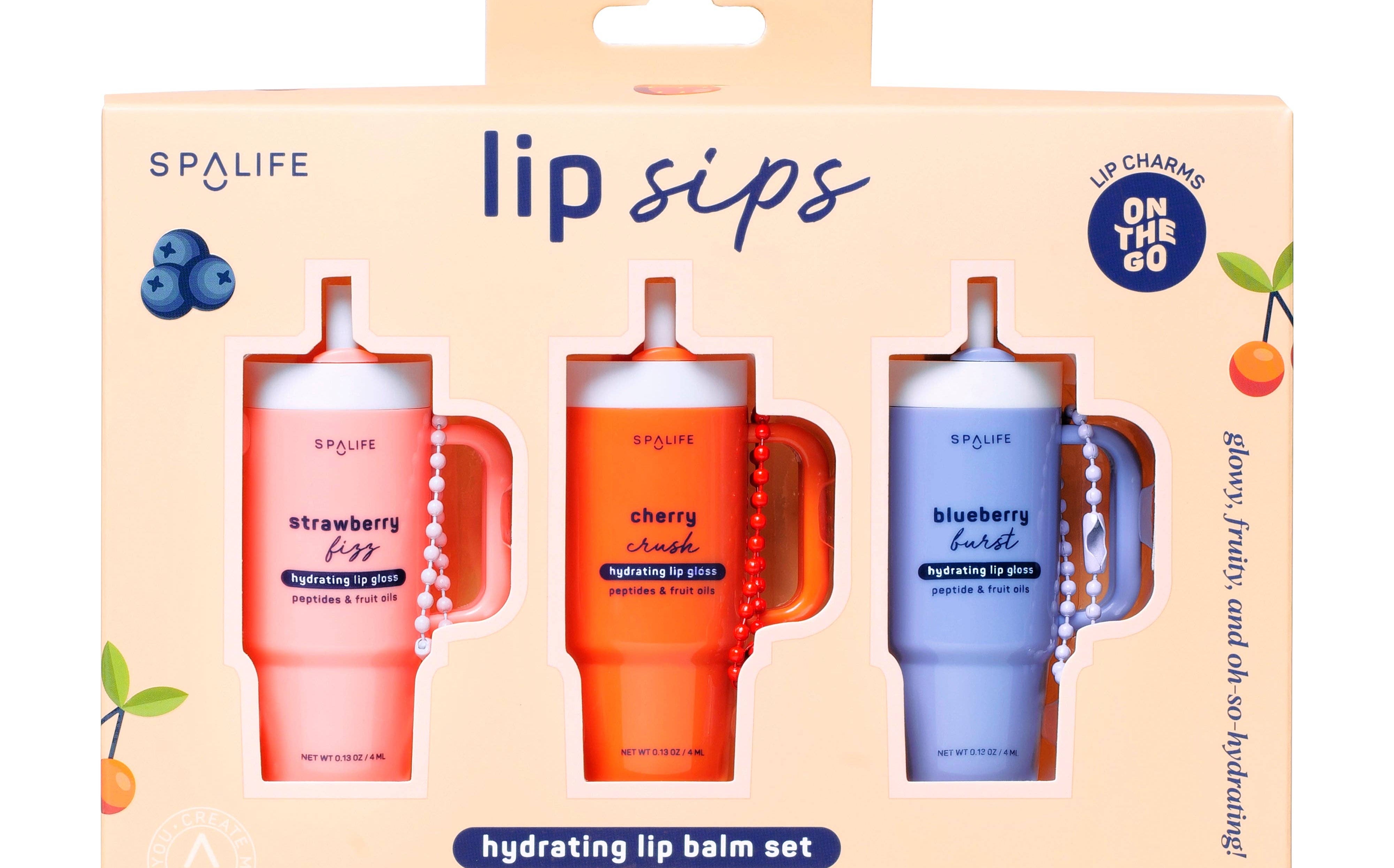 Lip balm set in drink-themed packaging with three flavors: strawberry, cherry, blueberry. Bright colors, playful design, fruity, hydrating.