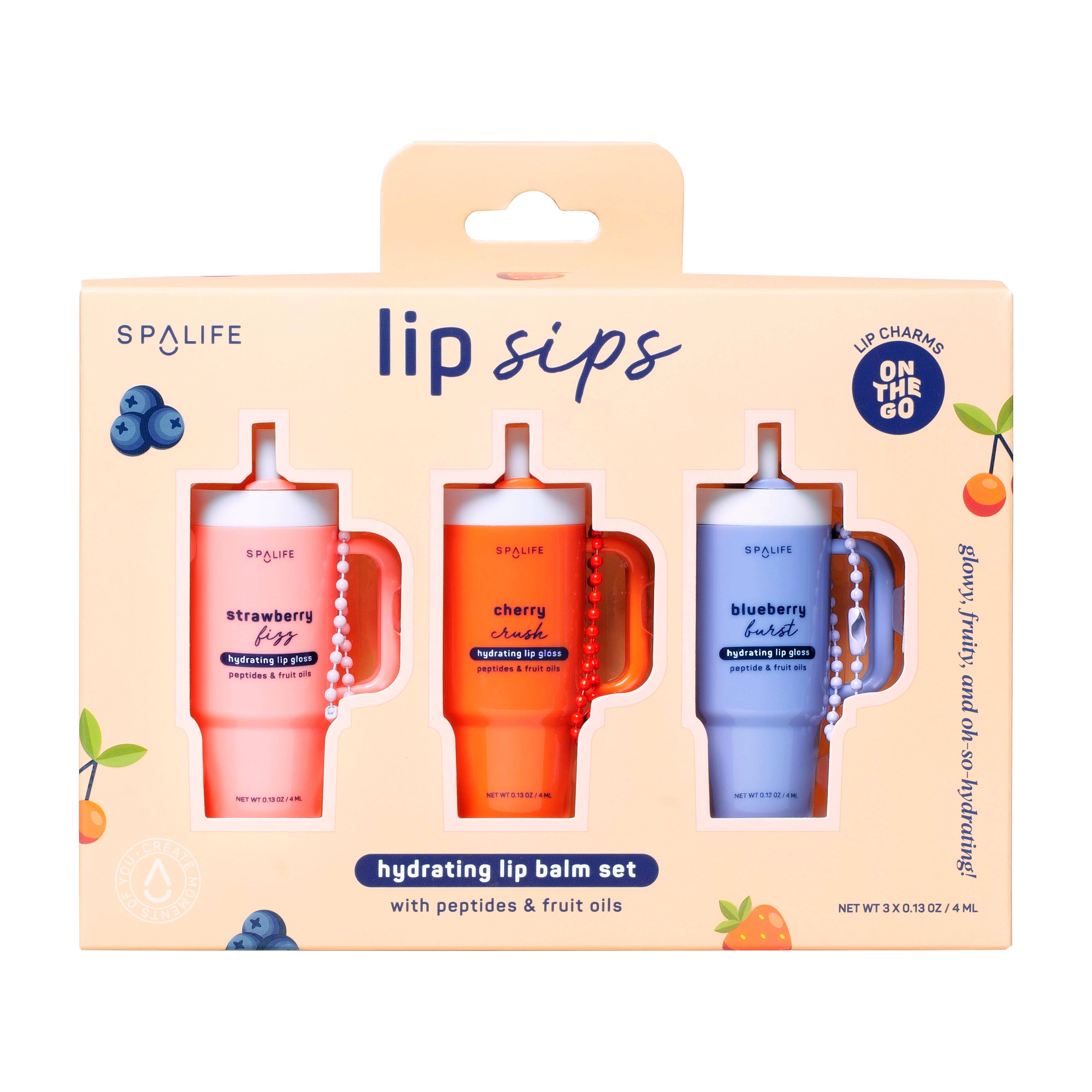 Lip balm set in drink-themed packaging with three flavors: strawberry, cherry, blueberry. Bright colors, playful design, fruity, hydrating.