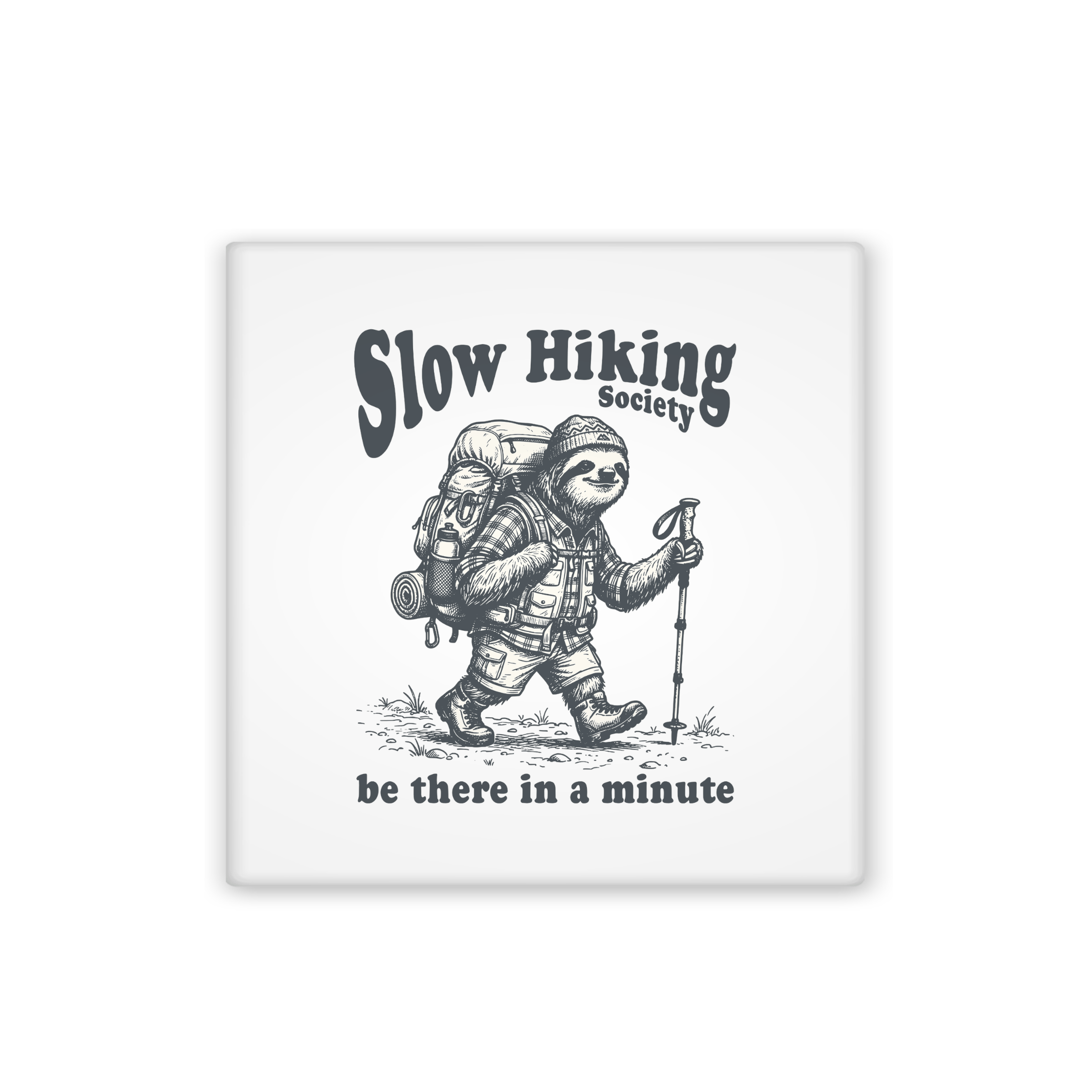 Sloth with backpack and hiking gear, labeled 'Slow Hiking Society', on a white background.