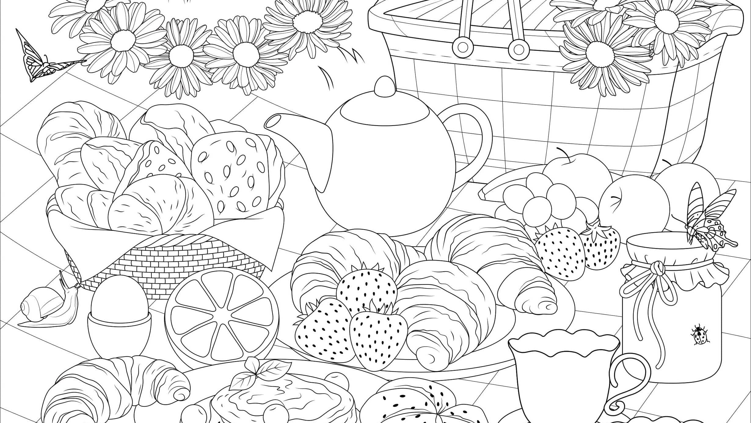A detailed picnic spread with pastries, a teapot, fruits, and flowers on a blanket. Butterflies flutter around, conveying a serene outdoor setting.