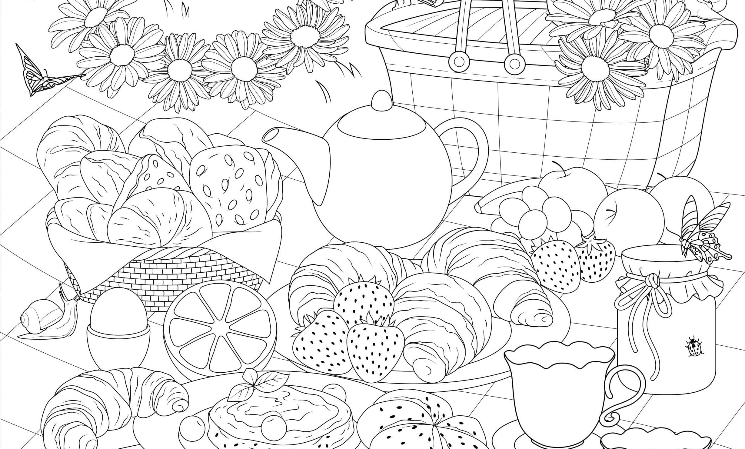 A detailed picnic spread with pastries, a teapot, fruits, and flowers on a blanket. Butterflies flutter around, conveying a serene outdoor setting.