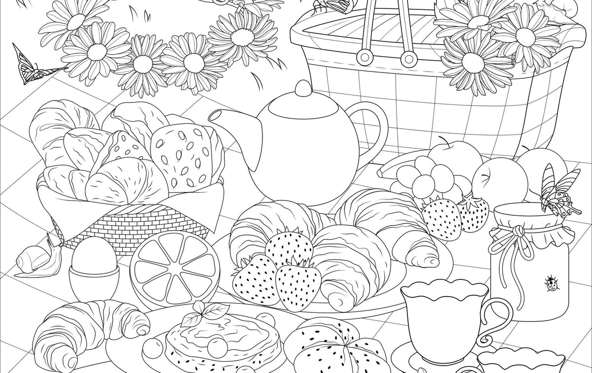 A detailed picnic spread with pastries, a teapot, fruits, and flowers on a blanket. Butterflies flutter around, conveying a serene outdoor setting.