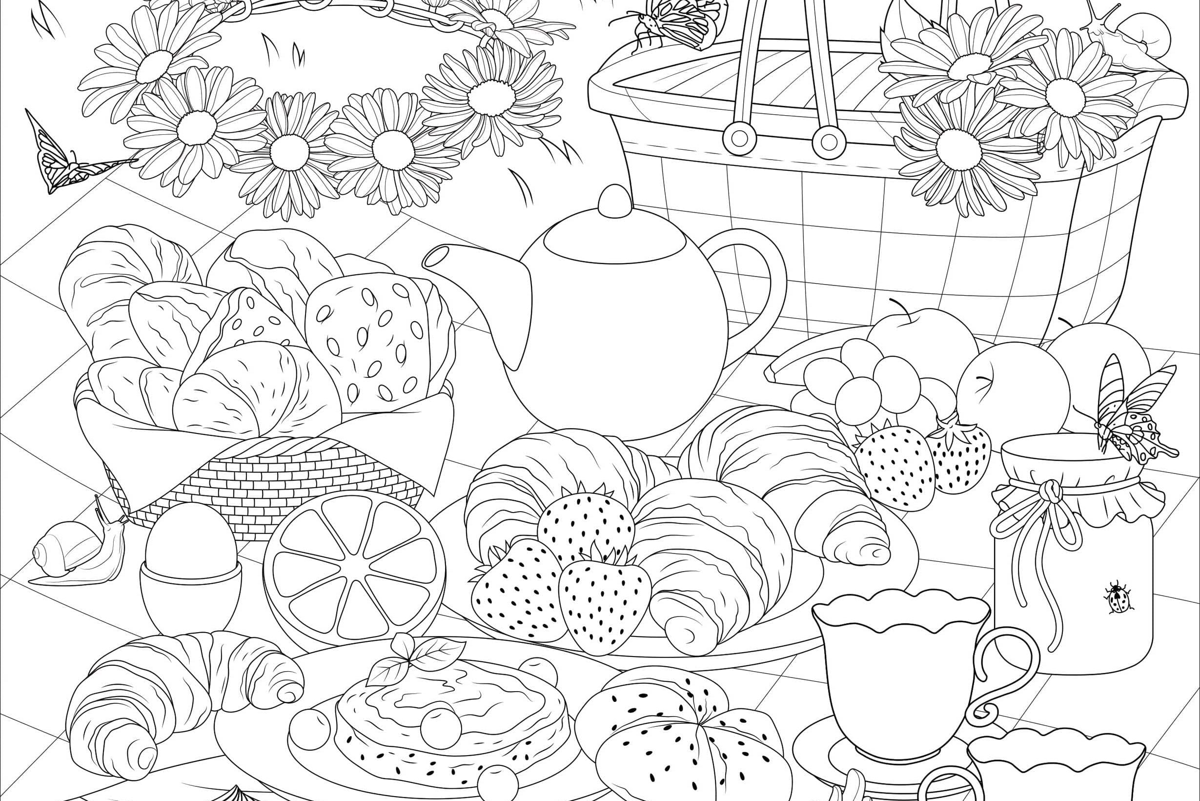 A detailed picnic spread with pastries, a teapot, fruits, and flowers on a blanket. Butterflies flutter around, conveying a serene outdoor setting.