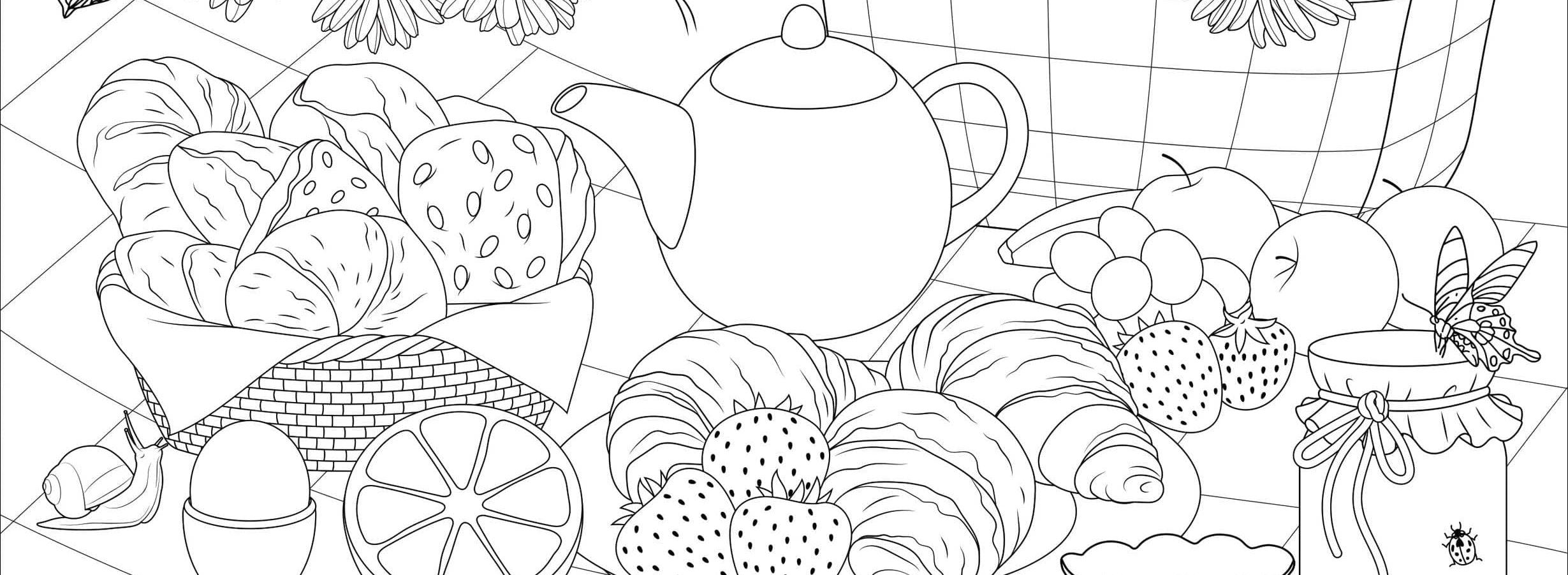 A detailed picnic spread with pastries, a teapot, fruits, and flowers on a blanket. Butterflies flutter around, conveying a serene outdoor setting.