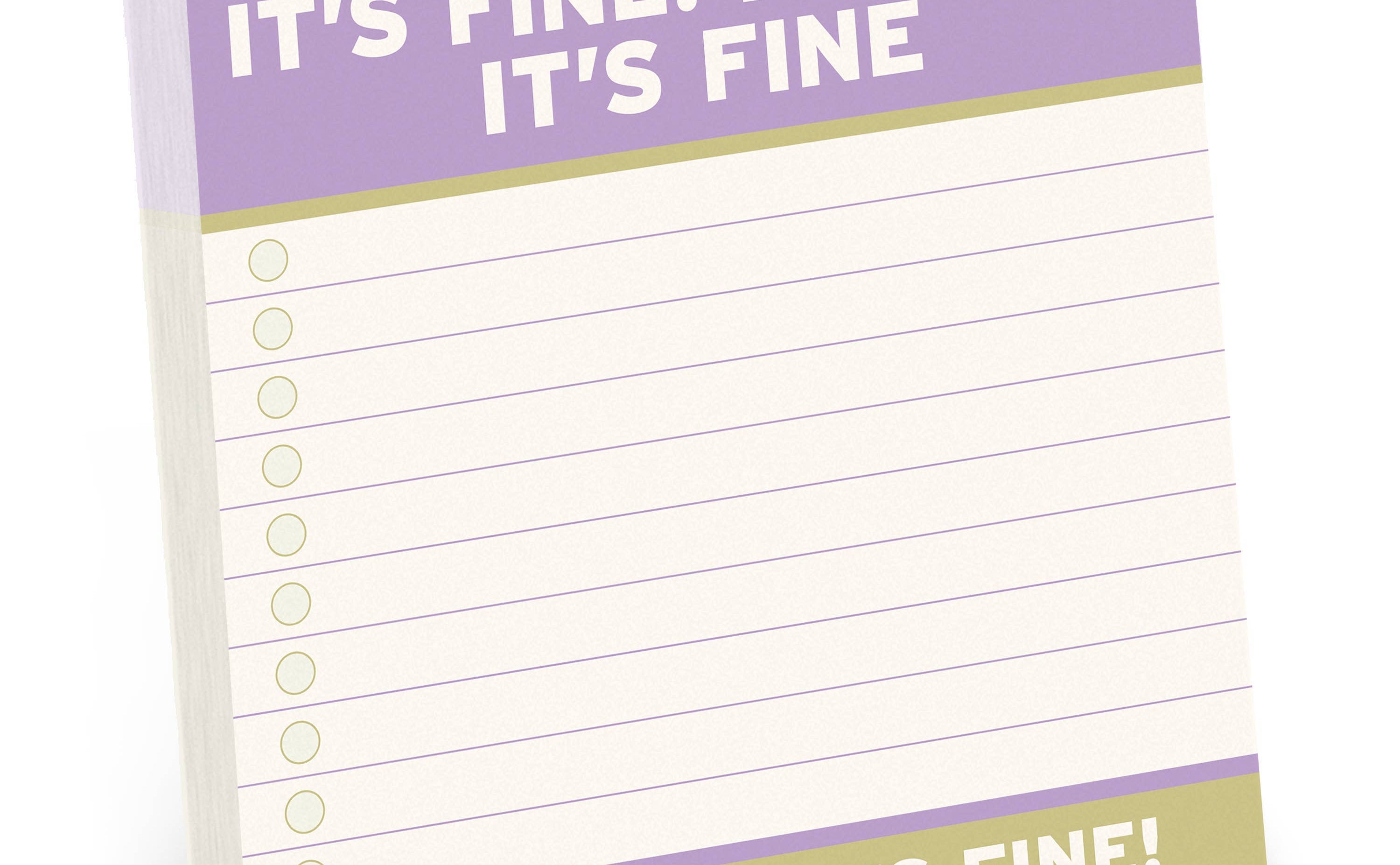 Sticky notes with lined pages, featuring playful text in purple at the top: "IT'S FINE! I'M FINE! IT'S FINE," and at the bottom: "EVERYTHING'S FINE!"