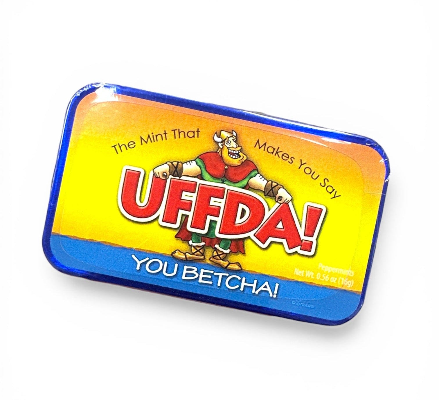 Mint tin with colorful label featuring cartoon character and text “U Betcha!” on a white background