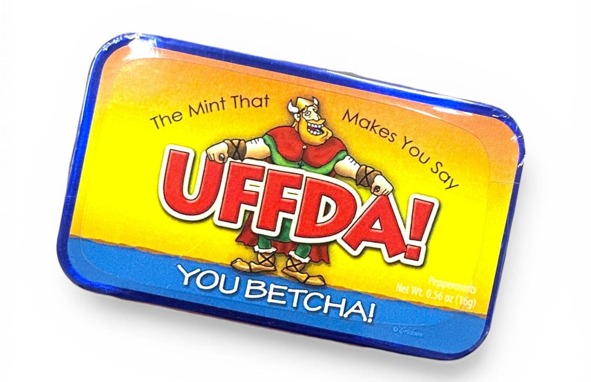 Mint tin with colorful label featuring cartoon character and text “U Betcha!” on a white background