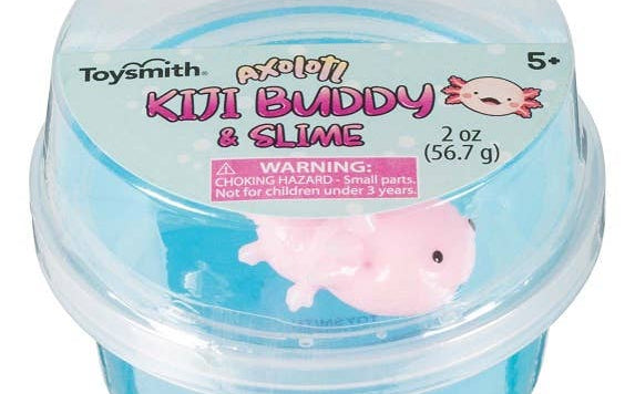 A clear container labeled "Toysmith Axolotl Kiji Buddy & Slime" with a pink axolotl toy in blue slime. Warning for small parts. Suitable for ages 5+.