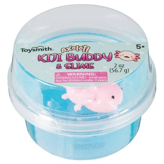 A clear container labeled "Toysmith Axolotl Kiji Buddy & Slime" with a pink axolotl toy in blue slime. Warning for small parts. Suitable for ages 5+.