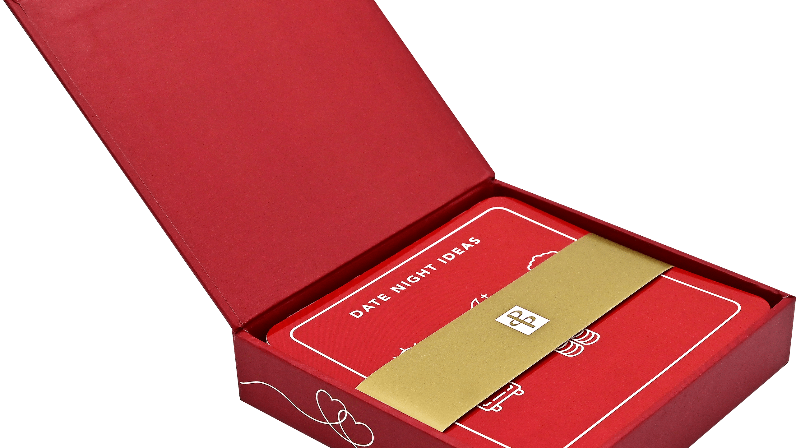 Red open box containing "Date Night Ideas" cards, with a gold envelope on top, conveying romance and creativity. The box features a heart pattern.
