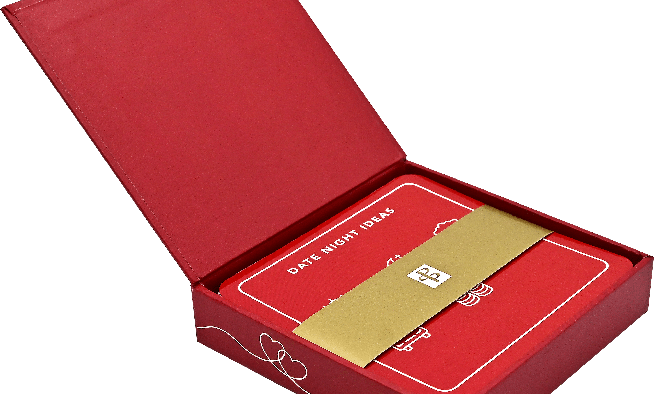 Red open box containing "Date Night Ideas" cards, with a gold envelope on top, conveying romance and creativity. The box features a heart pattern.