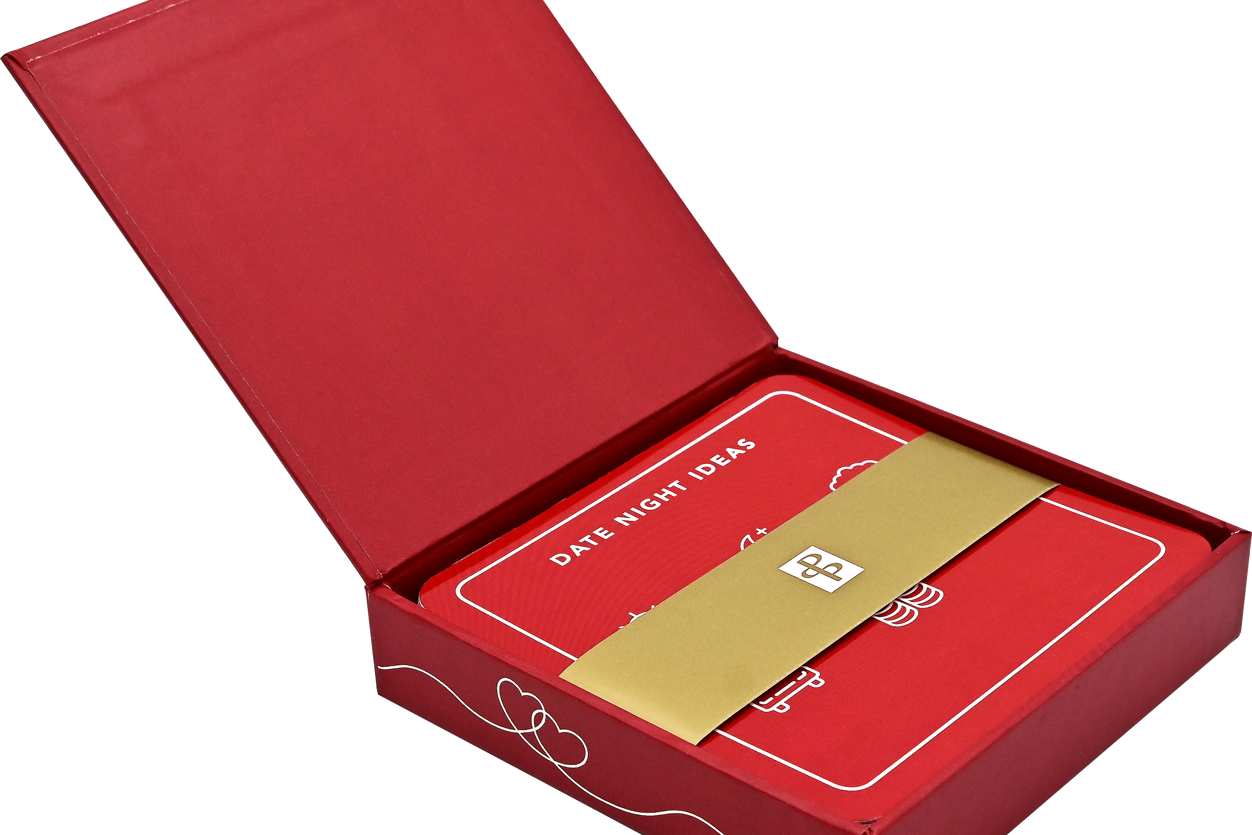 Red open box containing "Date Night Ideas" cards, with a gold envelope on top, conveying romance and creativity. The box features a heart pattern.