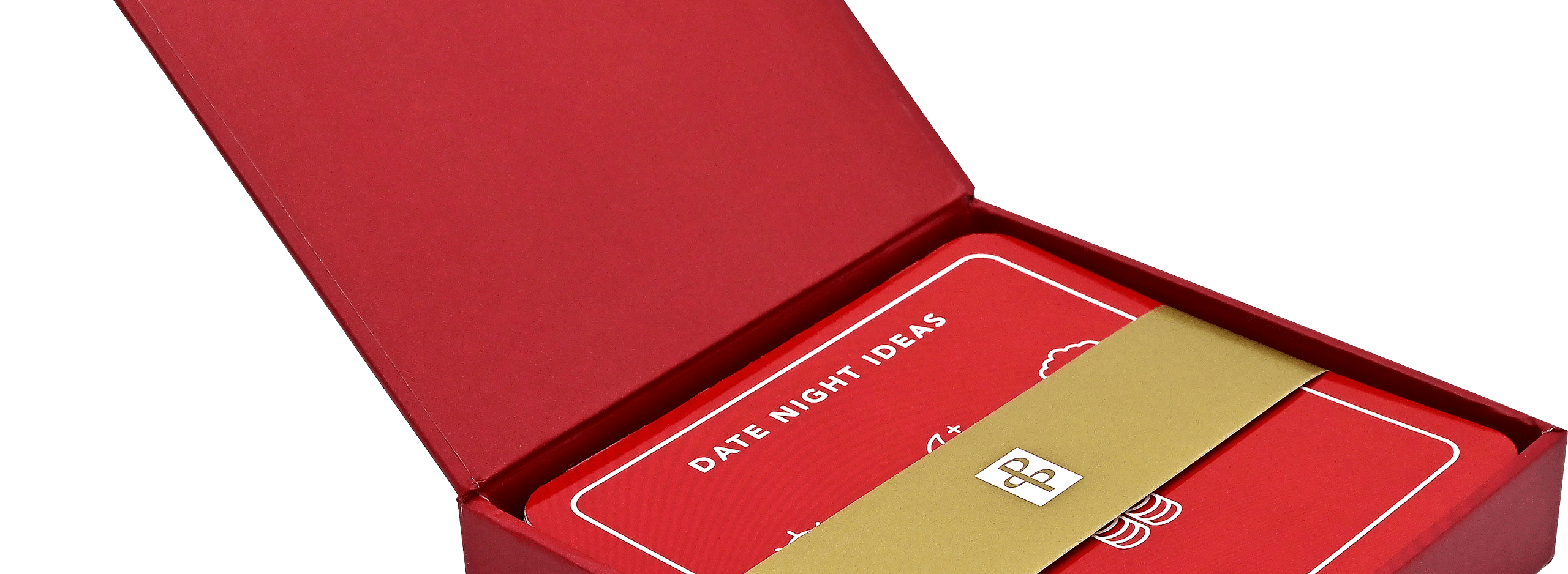 Red open box containing "Date Night Ideas" cards, with a gold envelope on top, conveying romance and creativity. The box features a heart pattern.