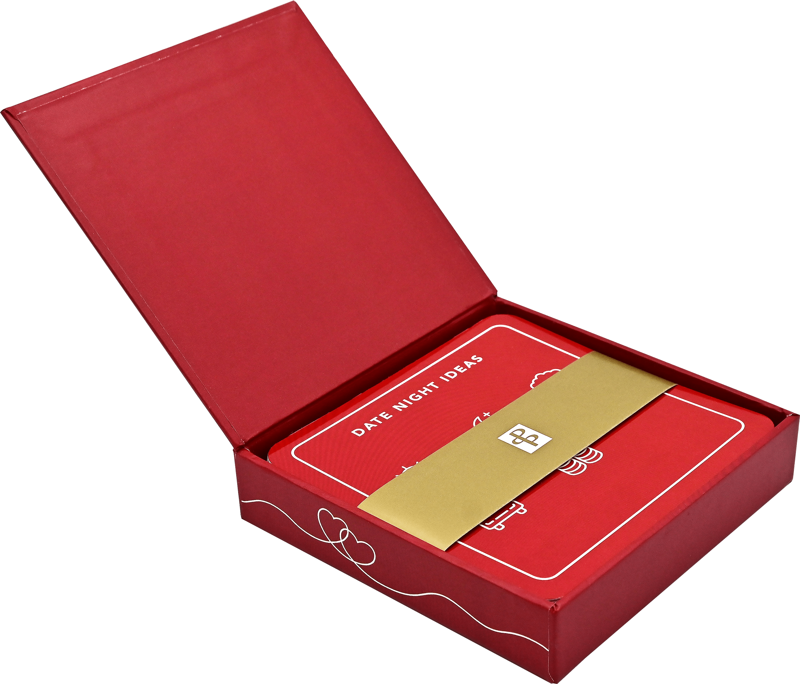 Red open box containing "Date Night Ideas" cards, with a gold envelope on top, conveying romance and creativity. The box features a heart pattern.