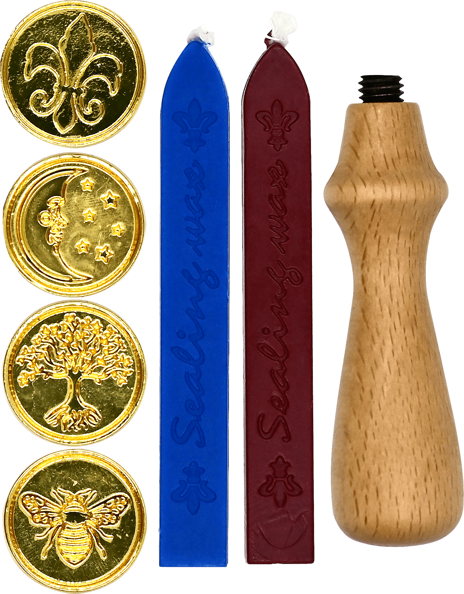 Wooden wax stamp handle, two sealing wax sticks in blue and red, and four gold wax seals with designs: fleur-de-lis, moon and stars, tree, and bee.