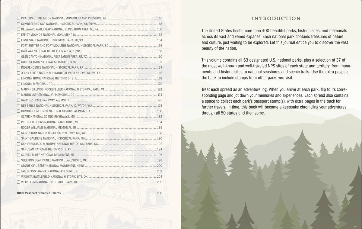 Open journal spread with list of national parks on left and introduction on right. Illustrations of evergreen trees at the bottom add a nature theme. Text describes U.S. national parks and encourages note-taking on visits. Tone is informative and inviting.