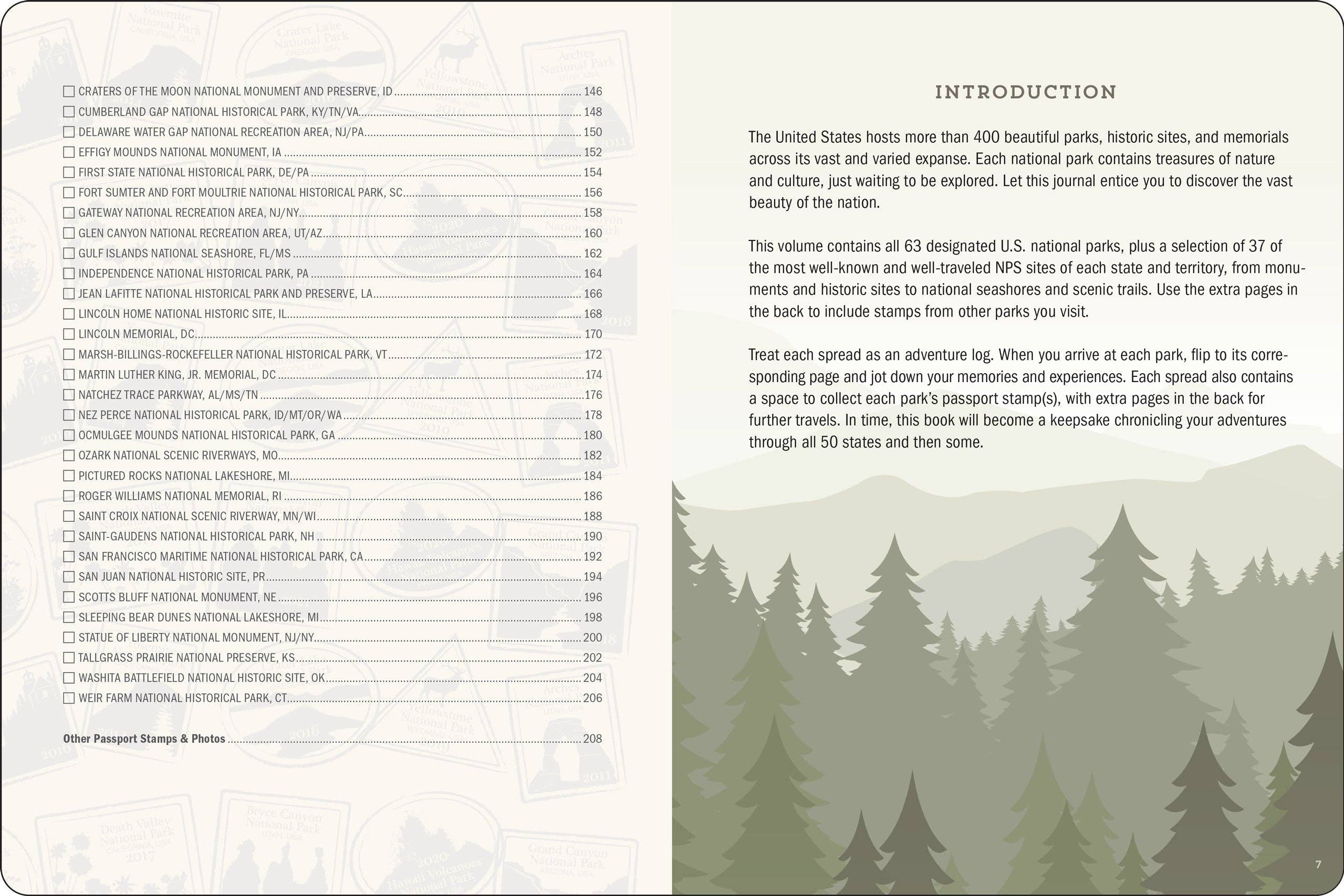 Open journal spread with list of national parks on left and introduction on right. Illustrations of evergreen trees at the bottom add a nature theme. Text describes U.S. national parks and encourages note-taking on visits. Tone is informative and inviting.