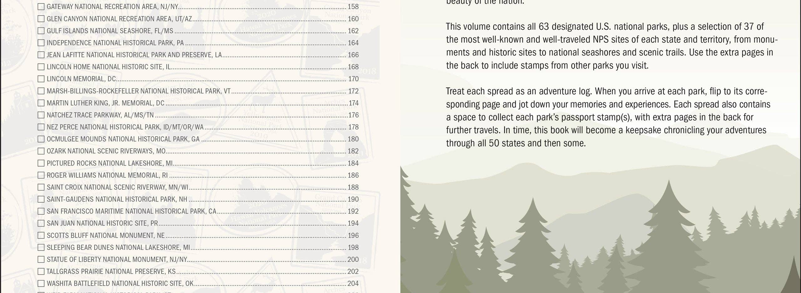 Open journal spread with list of national parks on left and introduction on right. Illustrations of evergreen trees at the bottom add a nature theme. Text describes U.S. national parks and encourages note-taking on visits. Tone is informative and inviting.