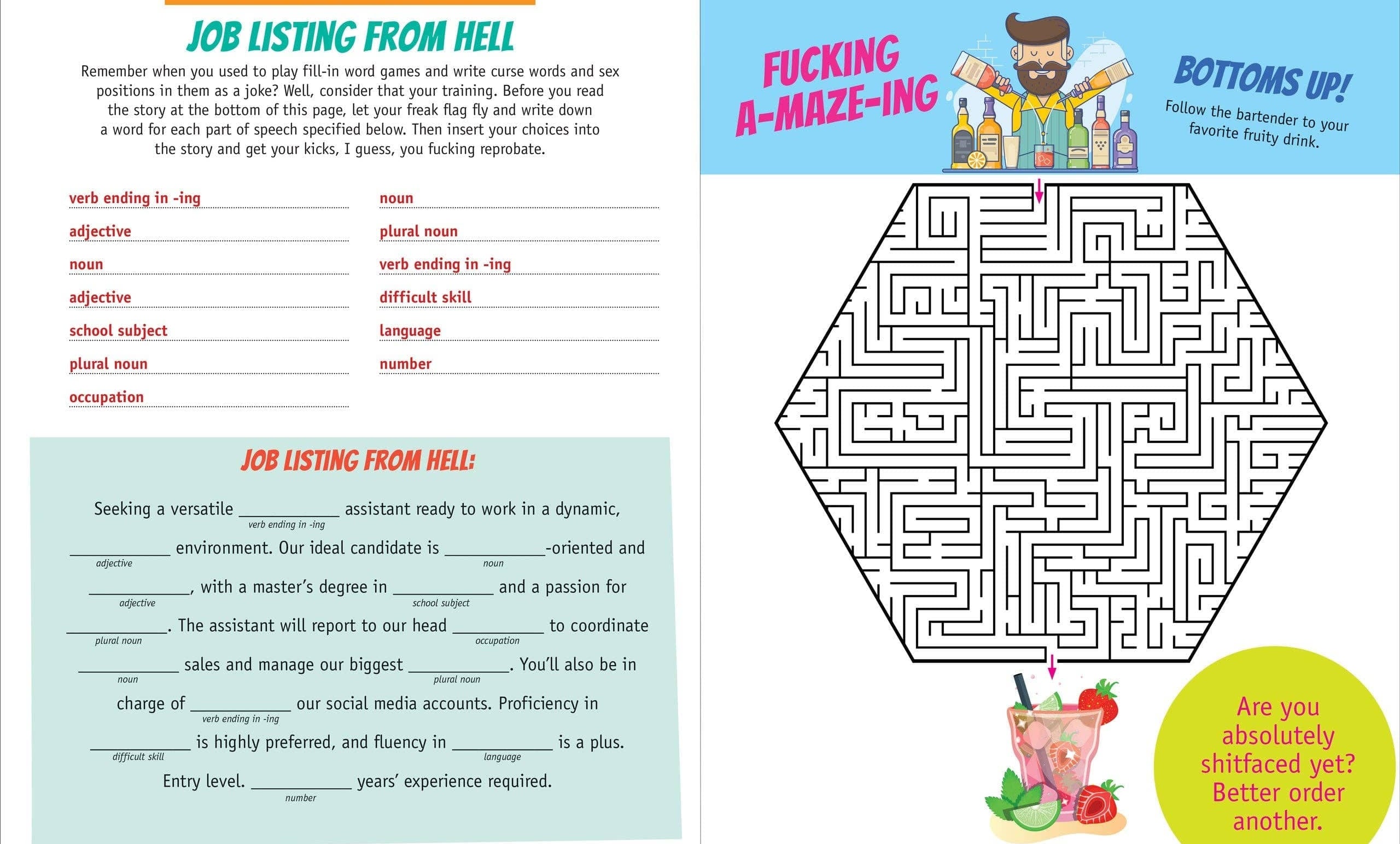 Split-page activity book with humor. Left: "Job Listing from Hell" fill-in-the-blank word game. Right: Hexagonal maze labeled "Fucking A-Maze-Ing". Playful tone.