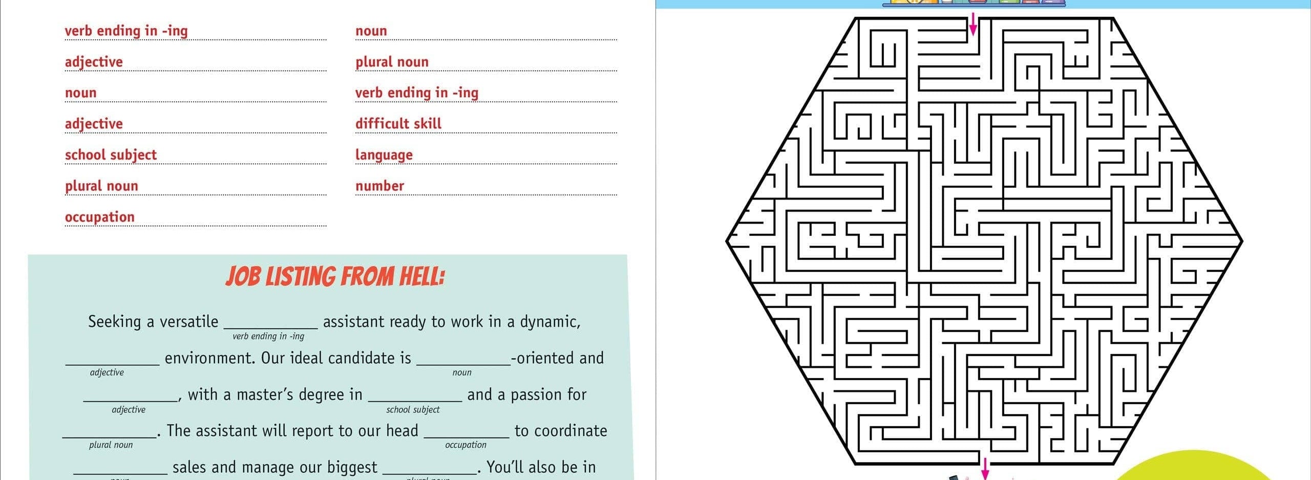 Split-page activity book with humor. Left: "Job Listing from Hell" fill-in-the-blank word game. Right: Hexagonal maze labeled "Fucking A-Maze-Ing". Playful tone.