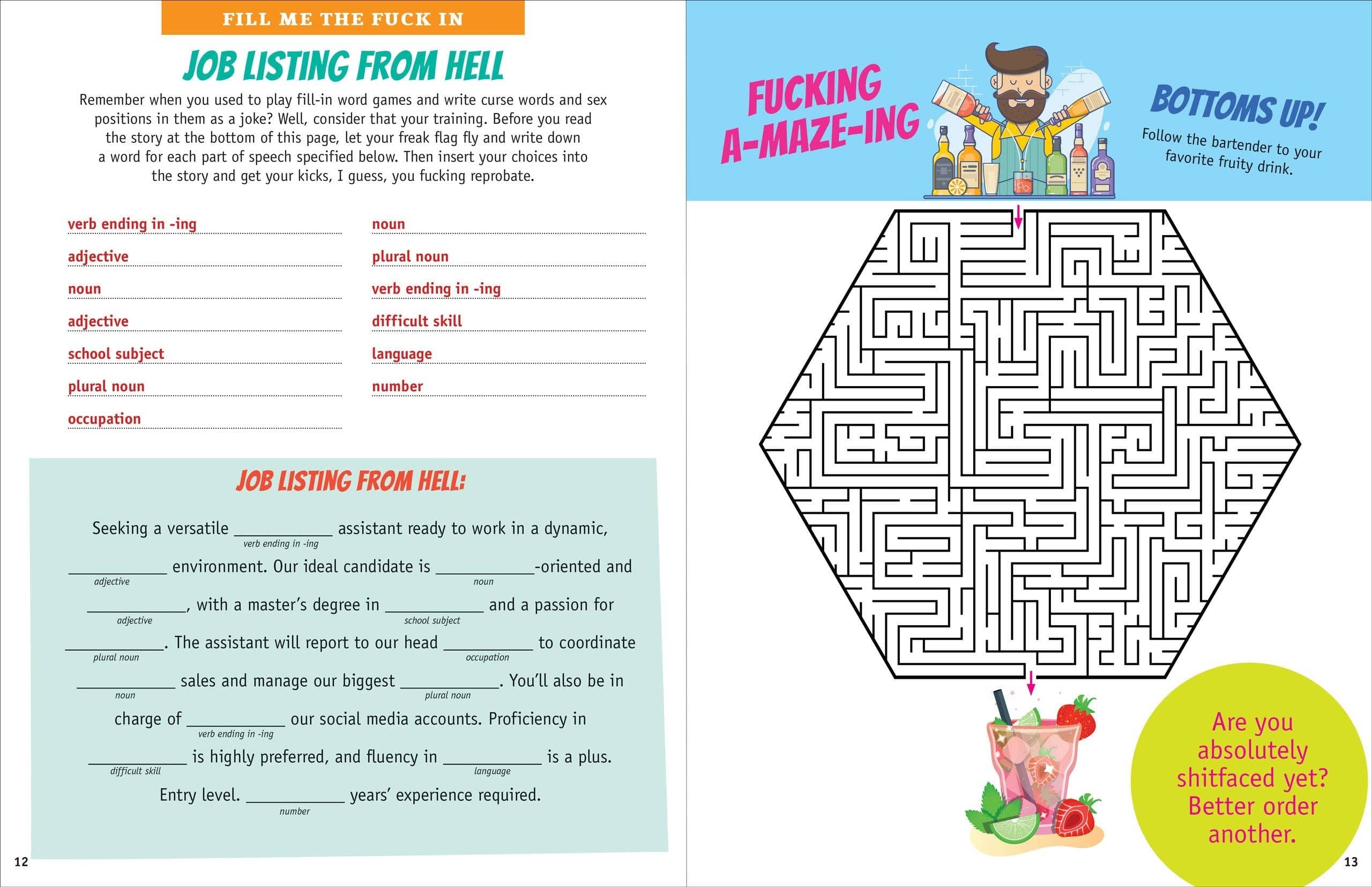 Split-page activity book with humor. Left: "Job Listing from Hell" fill-in-the-blank word game. Right: Hexagonal maze labeled "Fucking A-Maze-Ing". Playful tone.