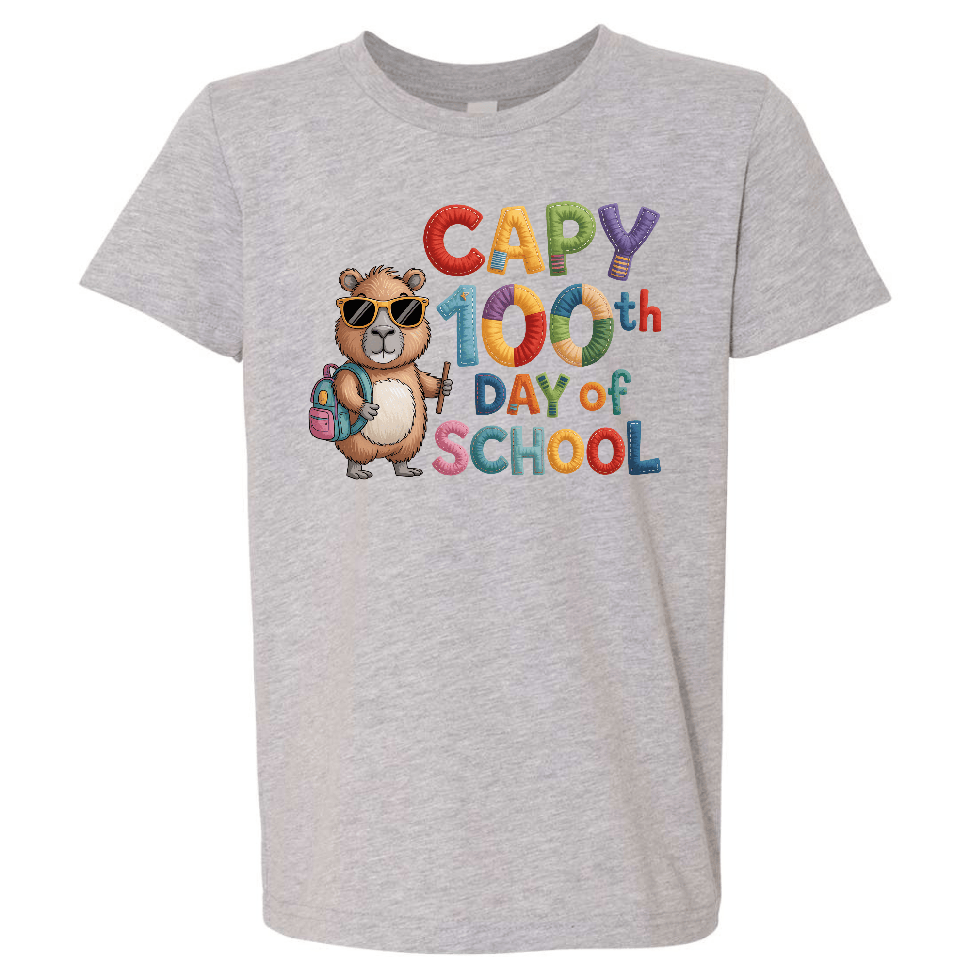 Gray t-shirt with colorful 'Capy 100th Day of School' design featuring a capybara.