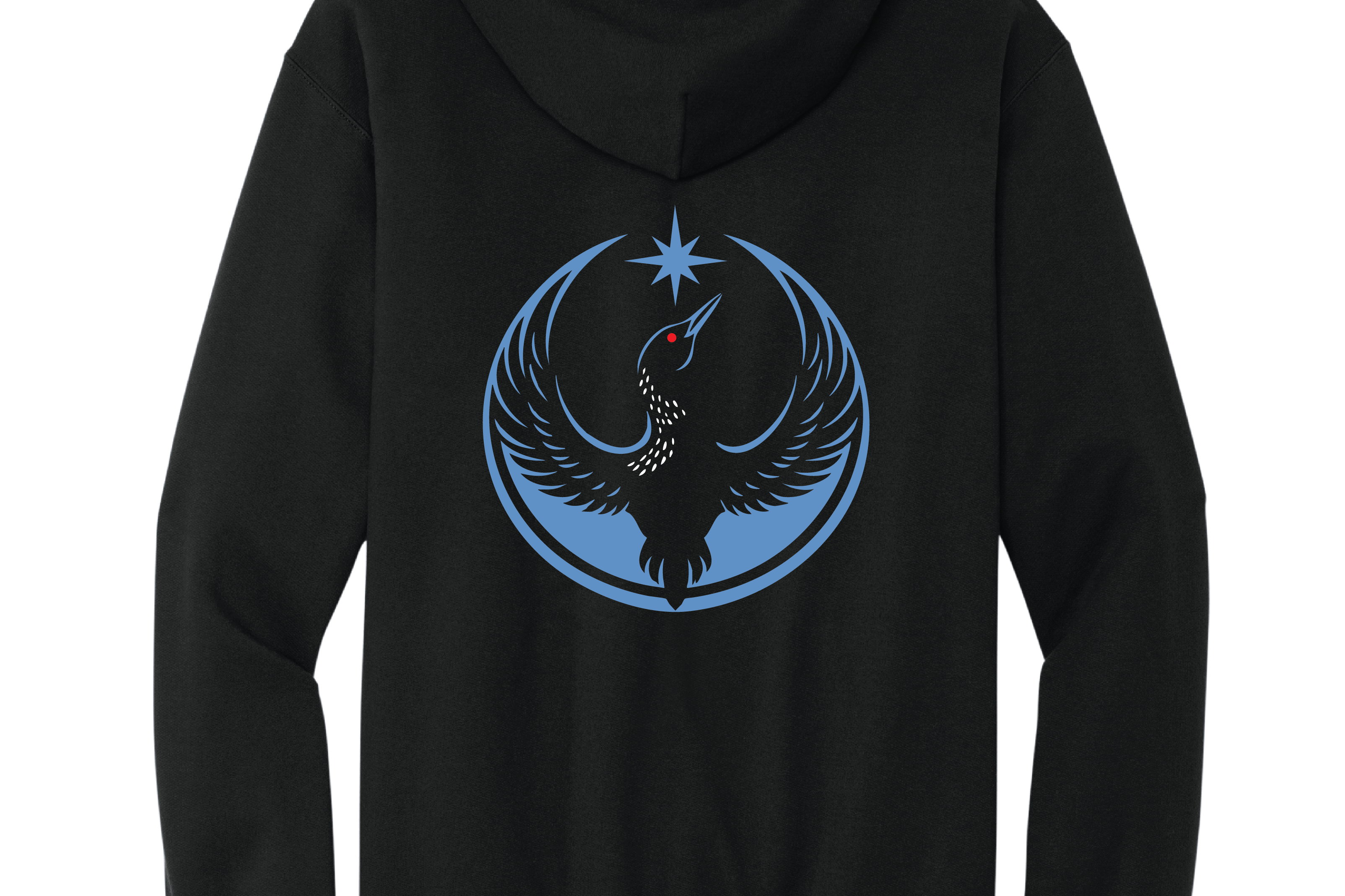 Black hoodie with blue emblem on a white background 'Minnesota Rebel Loon'