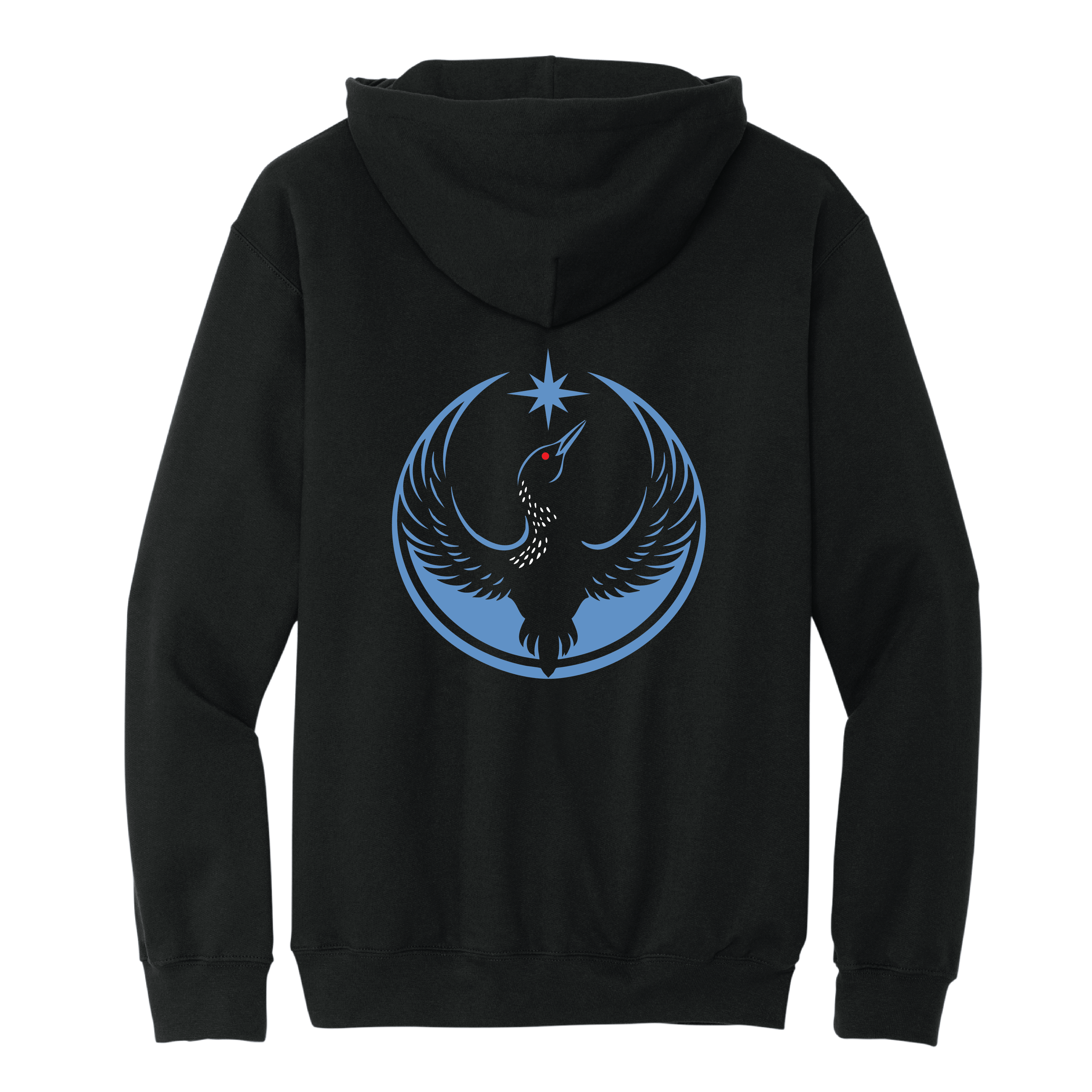 Black hoodie with blue emblem on a white background 'Minnesota Rebel Loon'