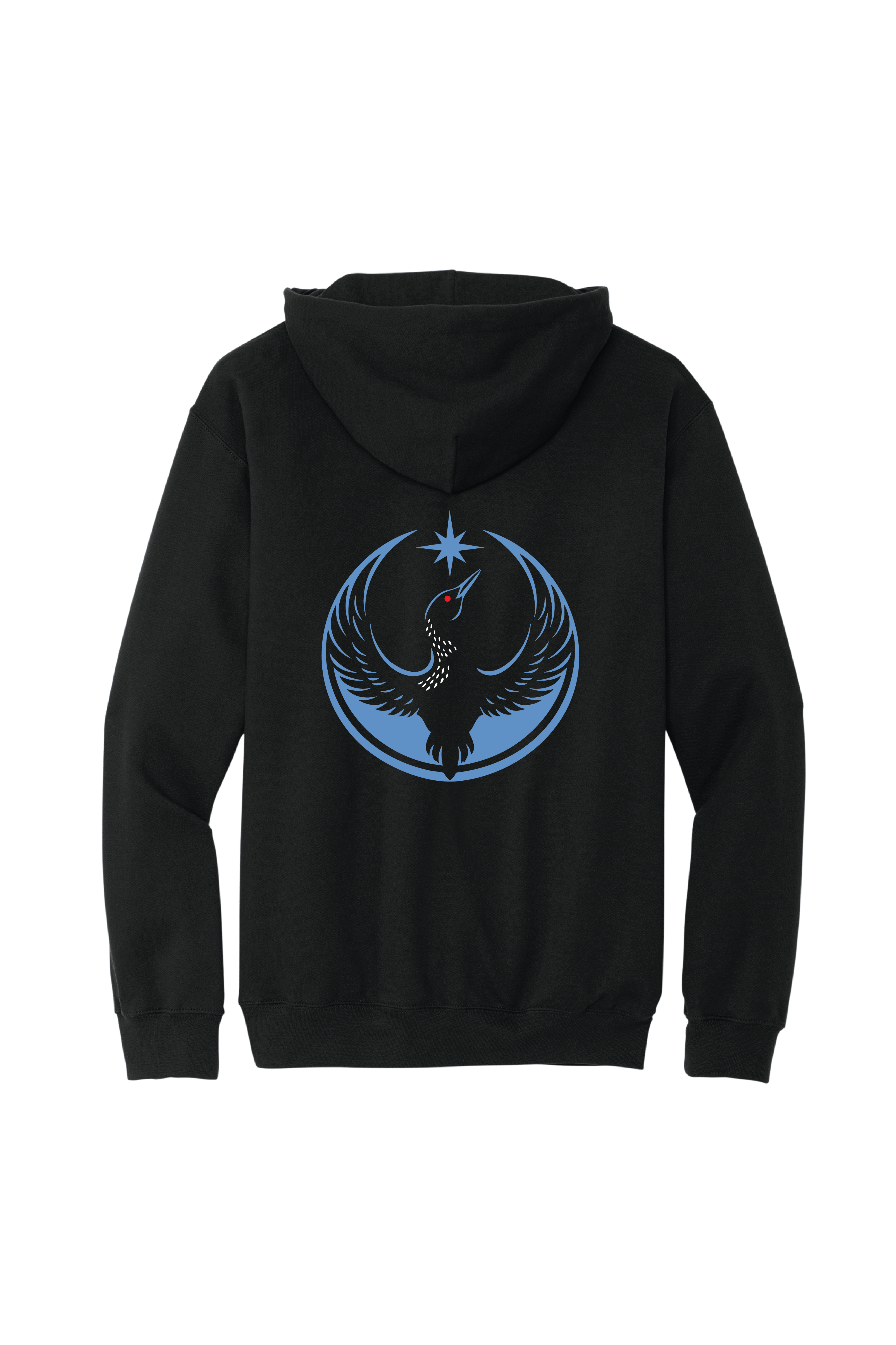 Black hoodie with blue emblem on a white background 'Minnesota Rebel Loon'