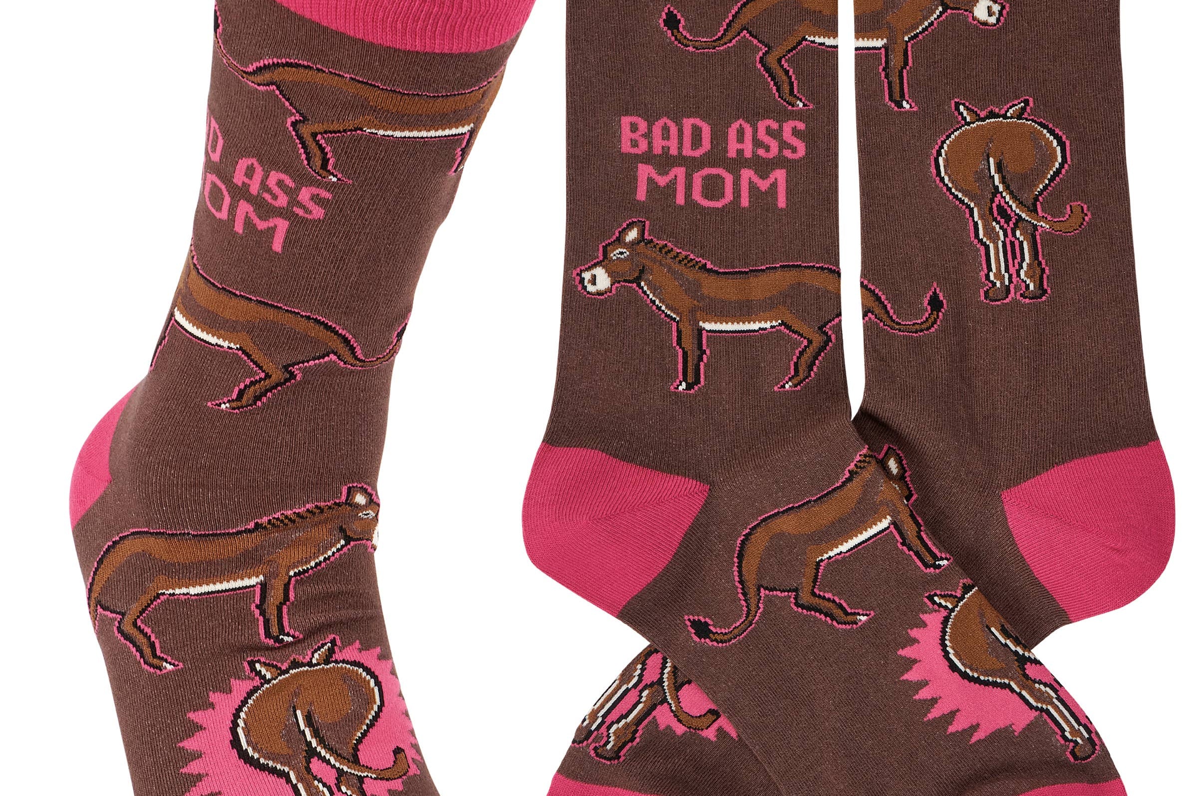 A pair of brown and pink socks from the featuring hand-illustrated donkey designs and the phrase "Bad Ass Mom" in pink.