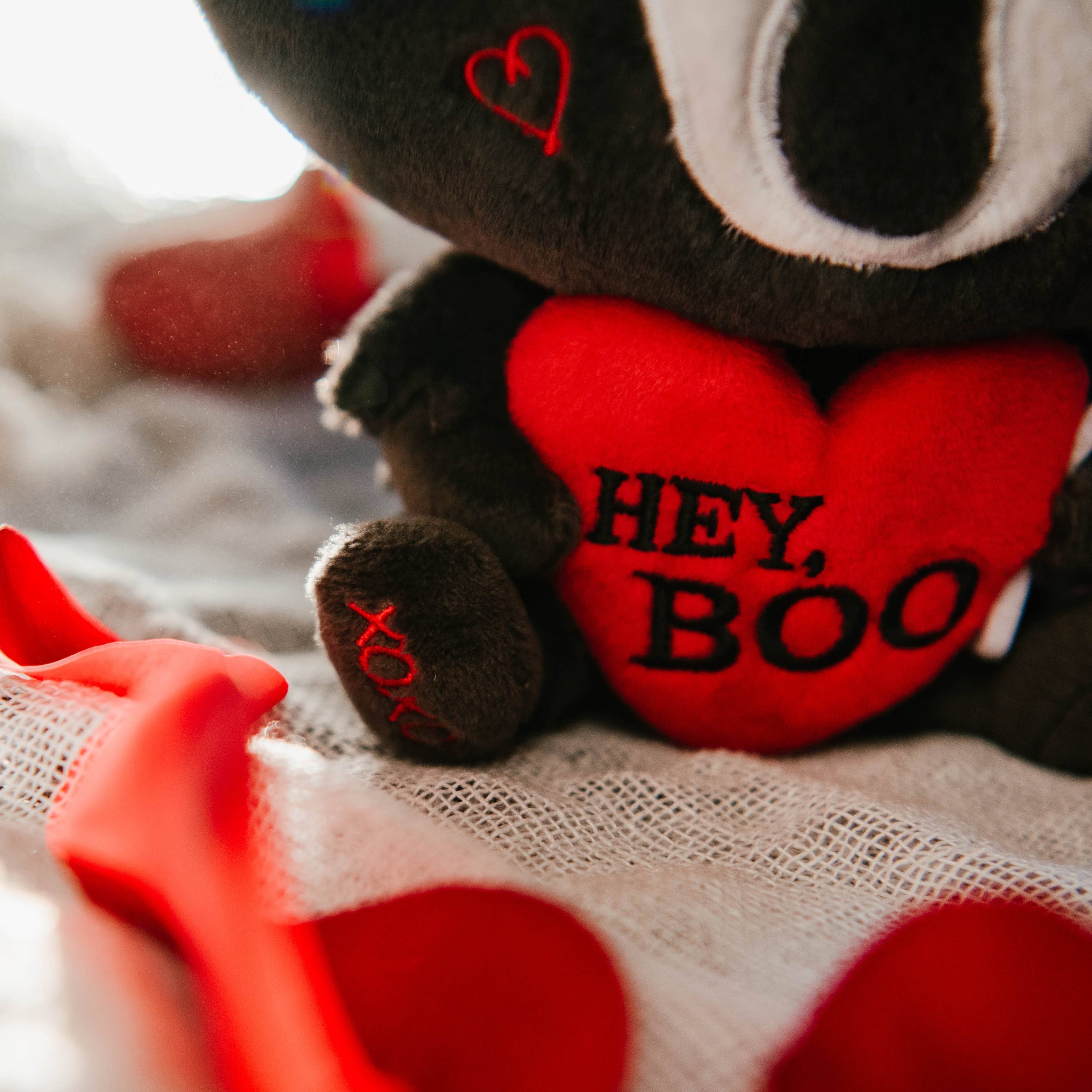 Close up of red heart with "Hey Boo" text