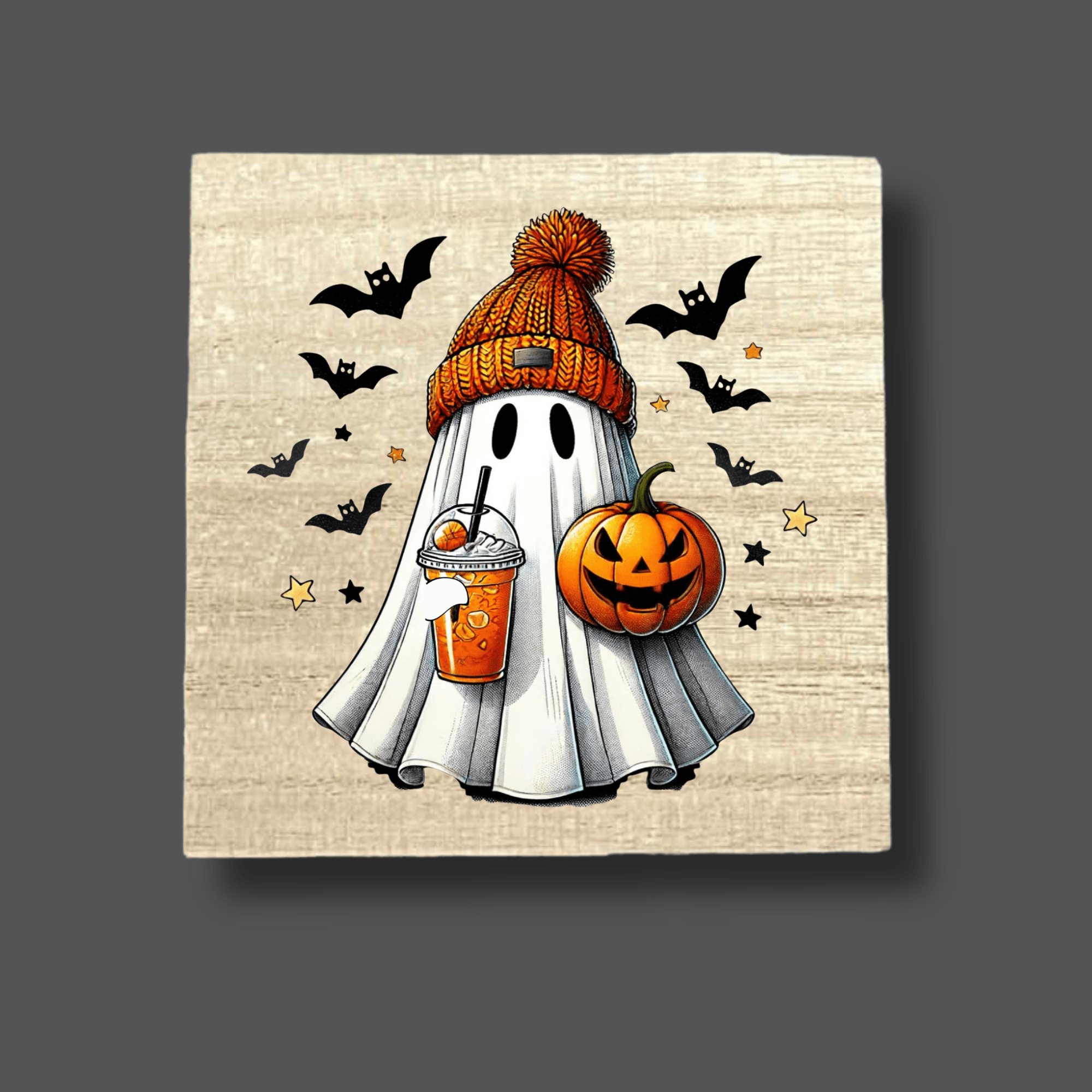 Adorable Little Ghost drinking an iced coffee, holding a pumpkin, and wearing a fall hat with bats in the background printed on a 4x4x1 MDF Wood Sign.