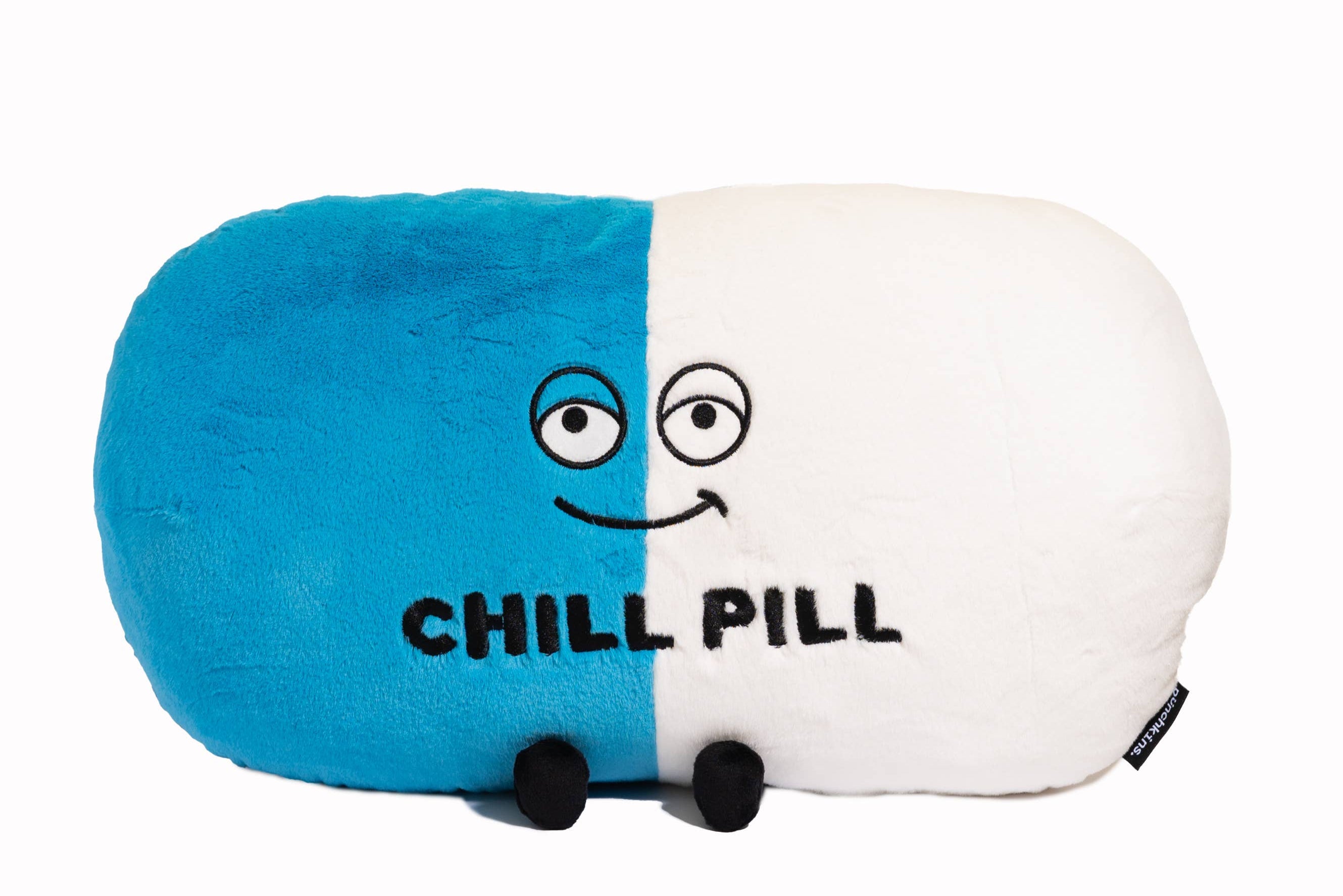 Chill Pill Stuffed Animal, Blue and White Pillow with legs and smiling face
