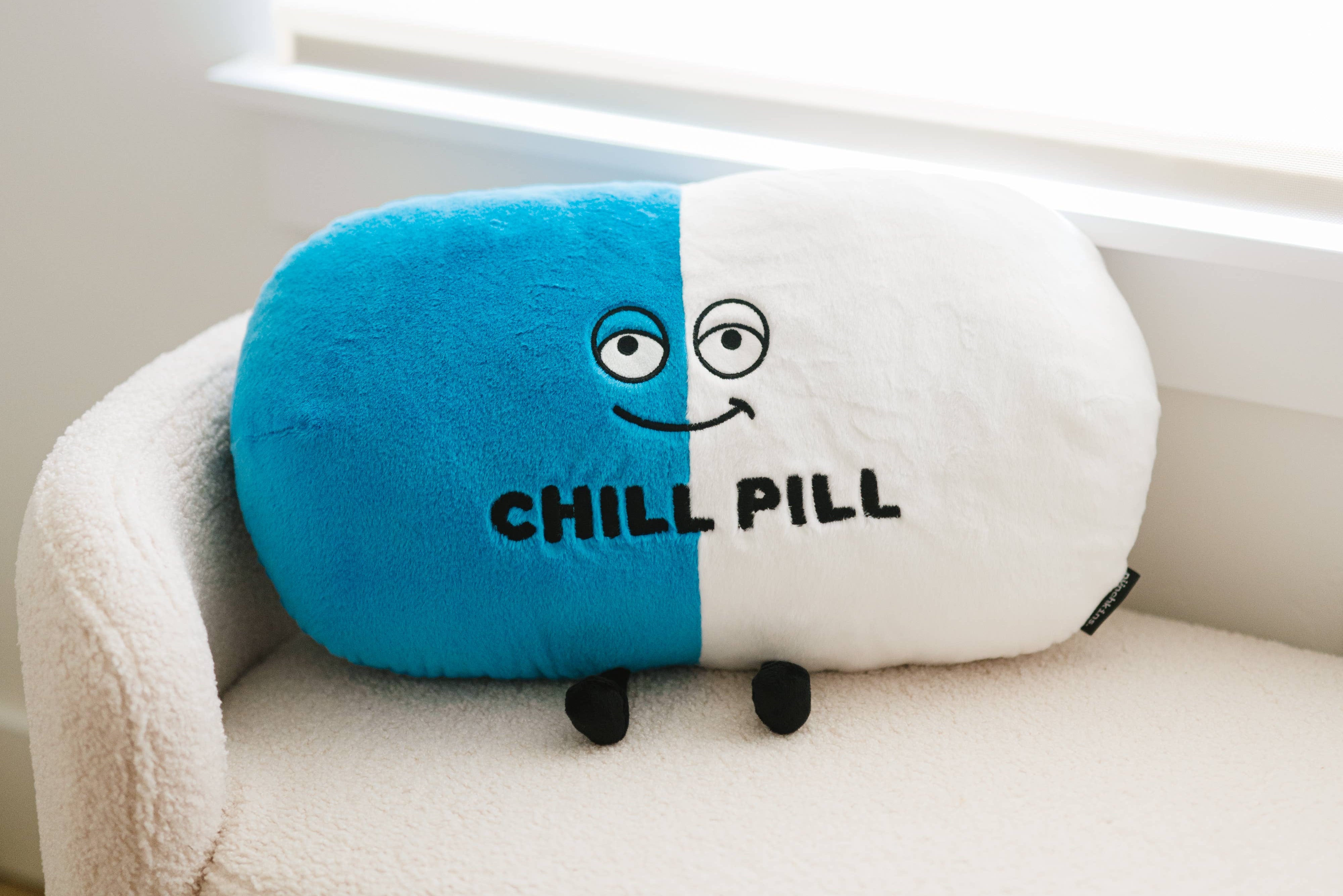 Chill Pill Stuffed Animal, Blue and White Pillow with legs and smiling face